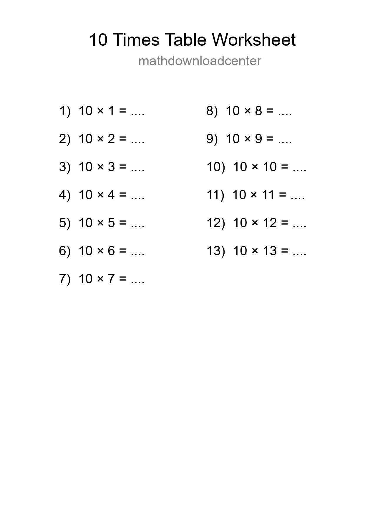 10 Times Table Worksheet For Grade 3 With Answers - Part 108