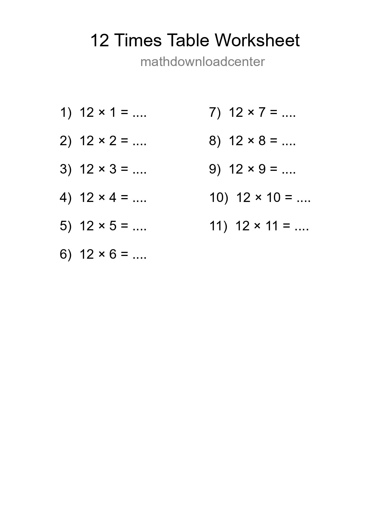 12 Times Table Worksheet For Grade 4 - Part 119
