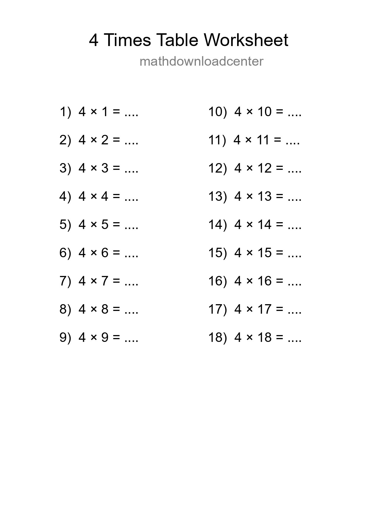 4 Times Table Worksheet For Grade 2 With Answers - Part 185