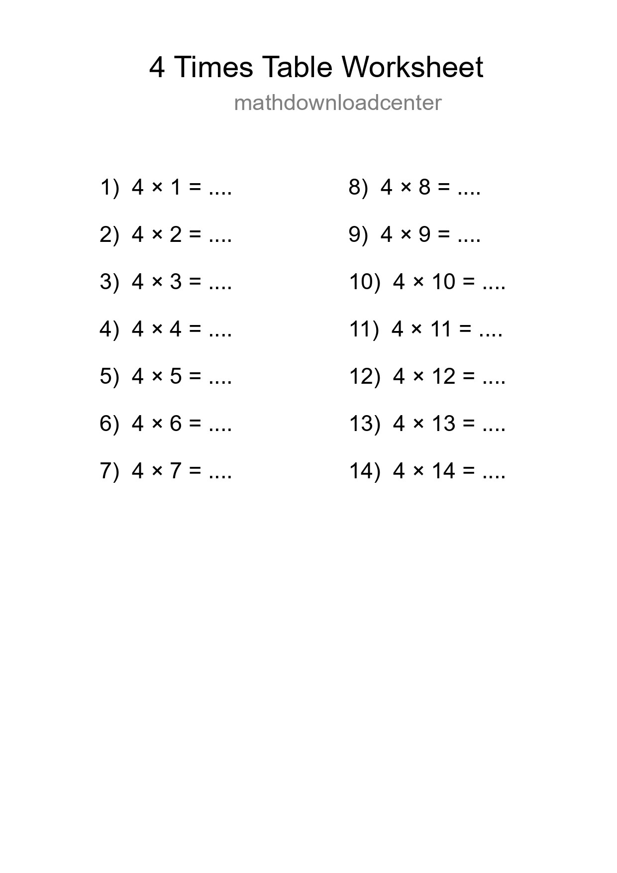4 Times Table Worksheet For Grade 2 With Answers - Part 229