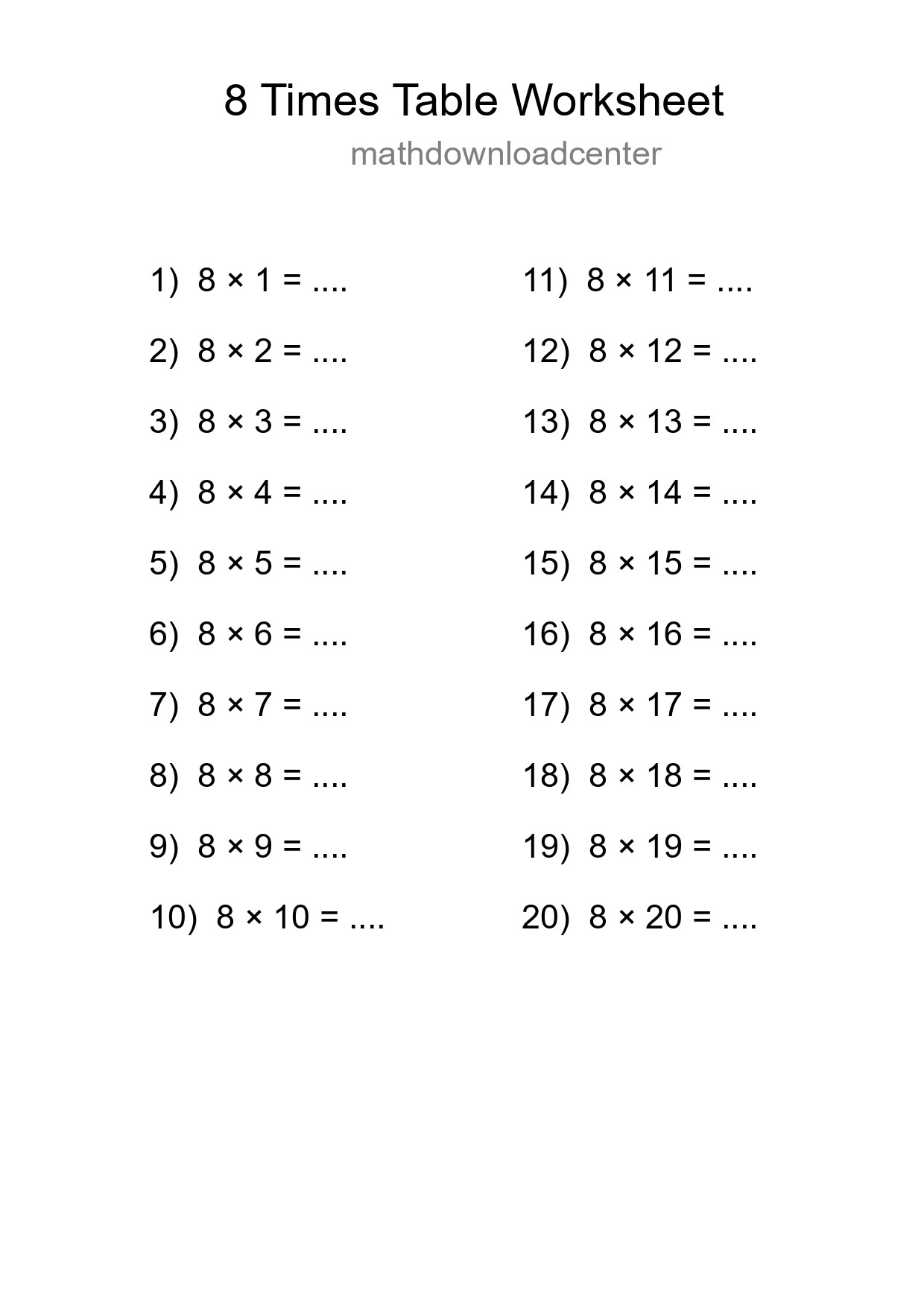 8 Times Table Worksheet For Grade 3 With Answers - Part 207