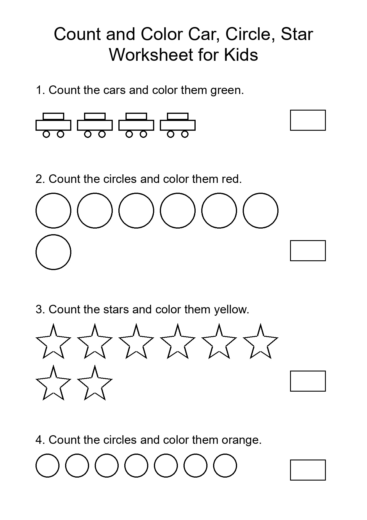 Count and Color Car, Circle, Star Worksheet for Kids