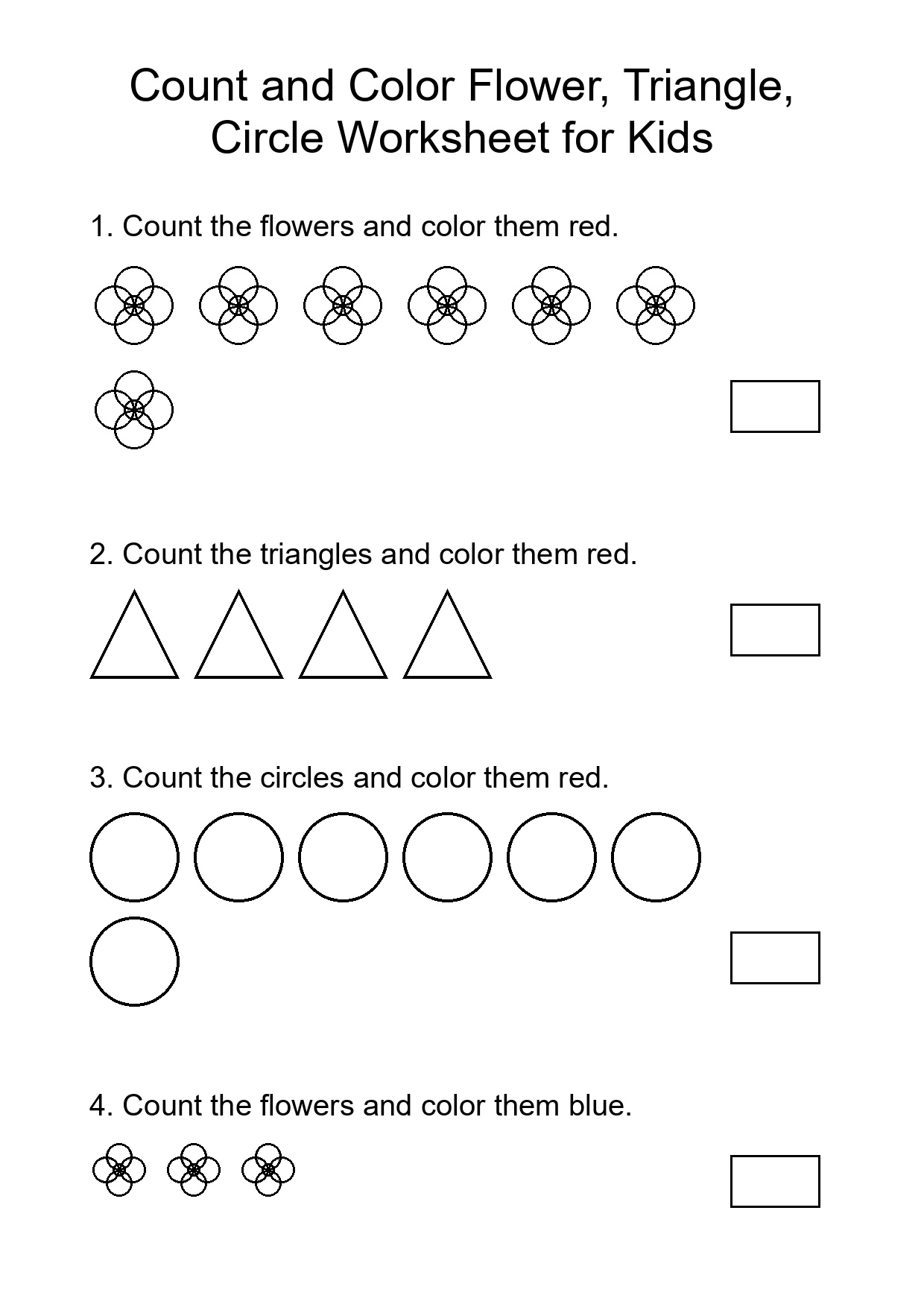 Count and Color Flower, Triangle, Circle Worksheet for Kids