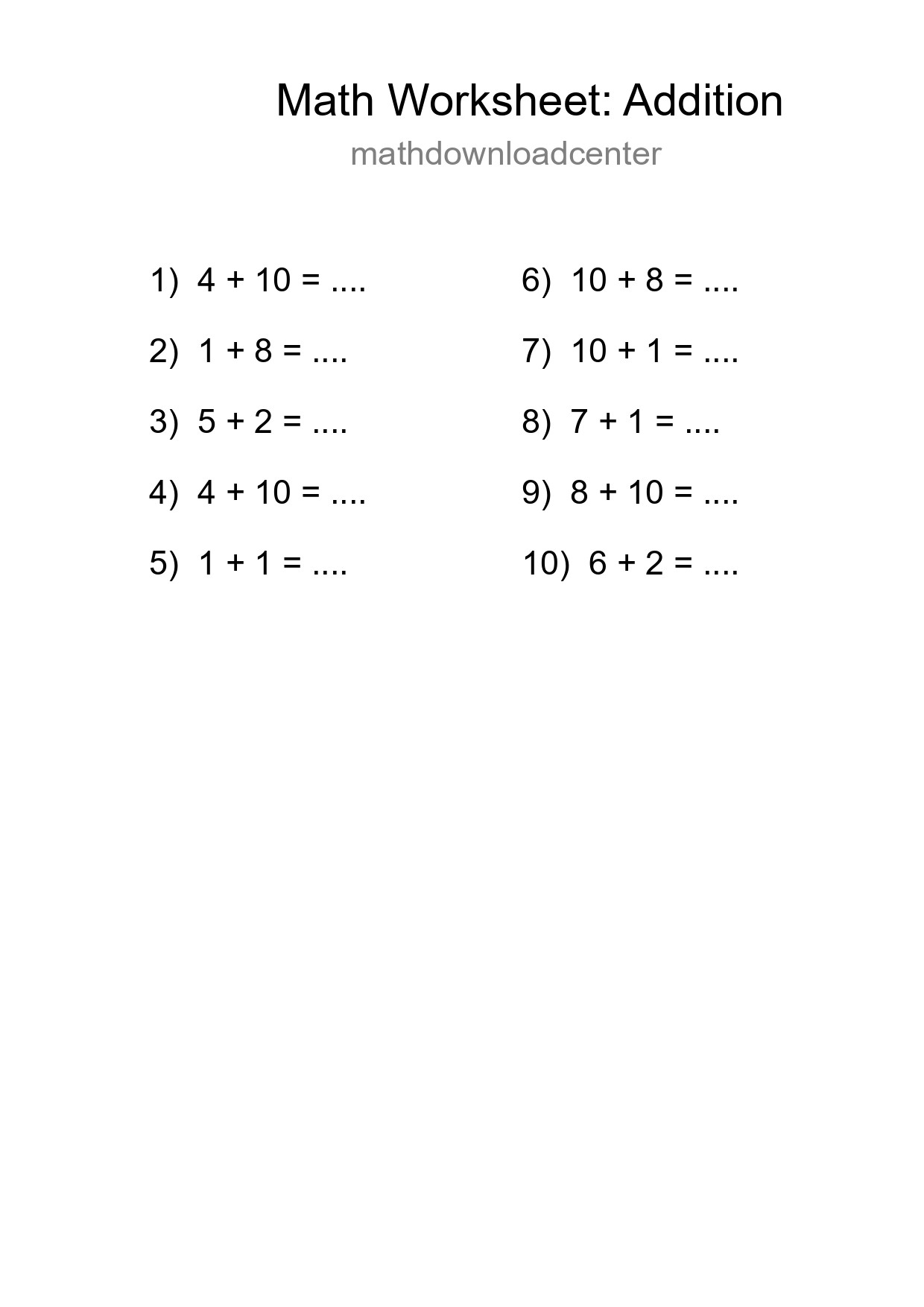 Free 10 Addition Math Worksheet For Grade 1 With Answers - Part 34