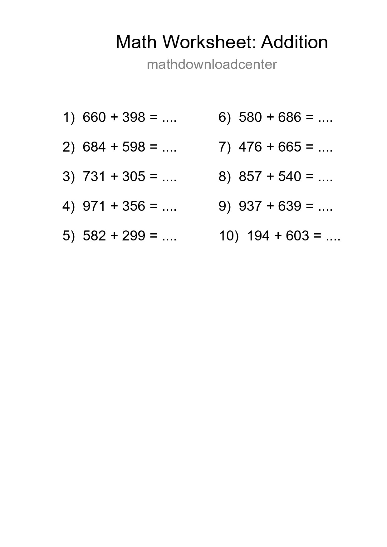 Free 10 Addition Math Worksheet For Grade 5 - Part 199