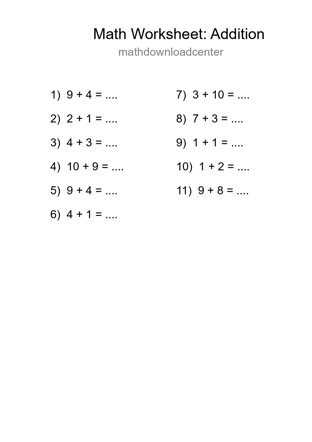 Free 11 Addition Math Worksheet For Grade 1 With Answers - Part 155