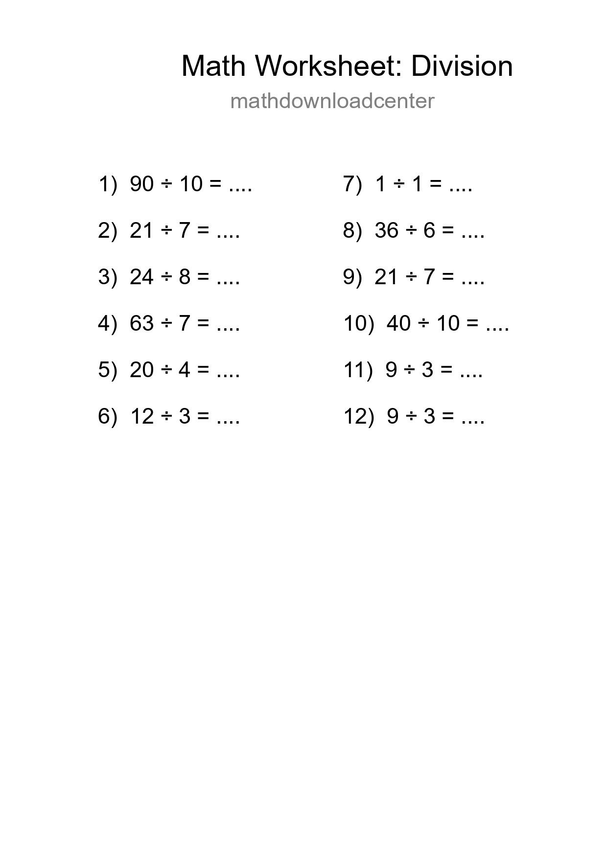 Free 12 Division Math Worksheet For Grade 1 - Part 4