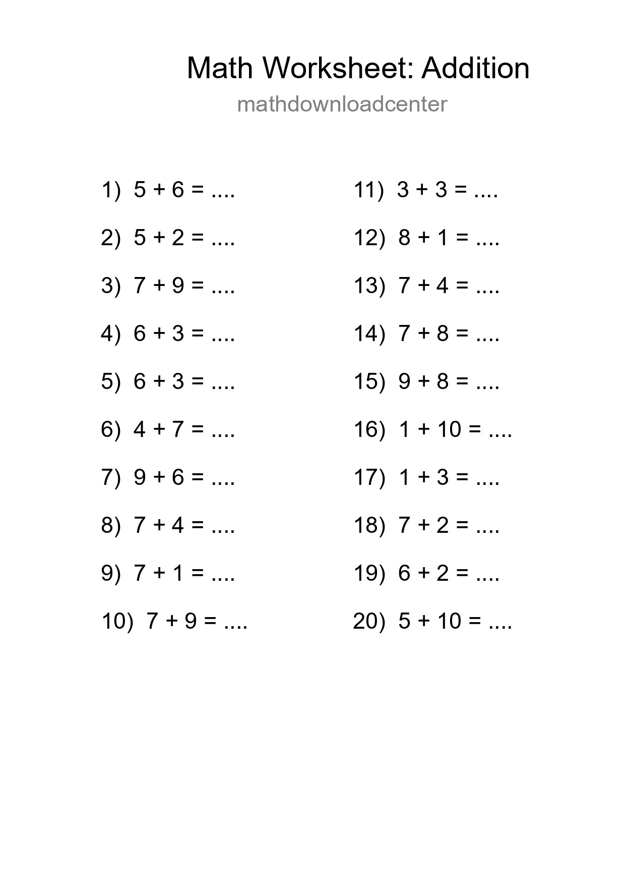 Free 20 Addition Math Worksheet For Grade 1 With Answers - Part 287
