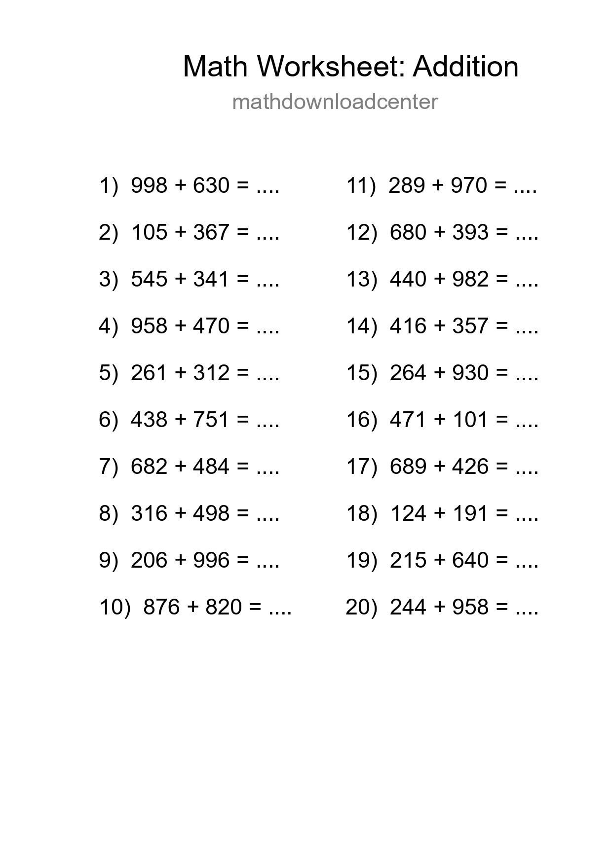Free 20 Addition Math Worksheet For Grade 5 With Answers - Part 89