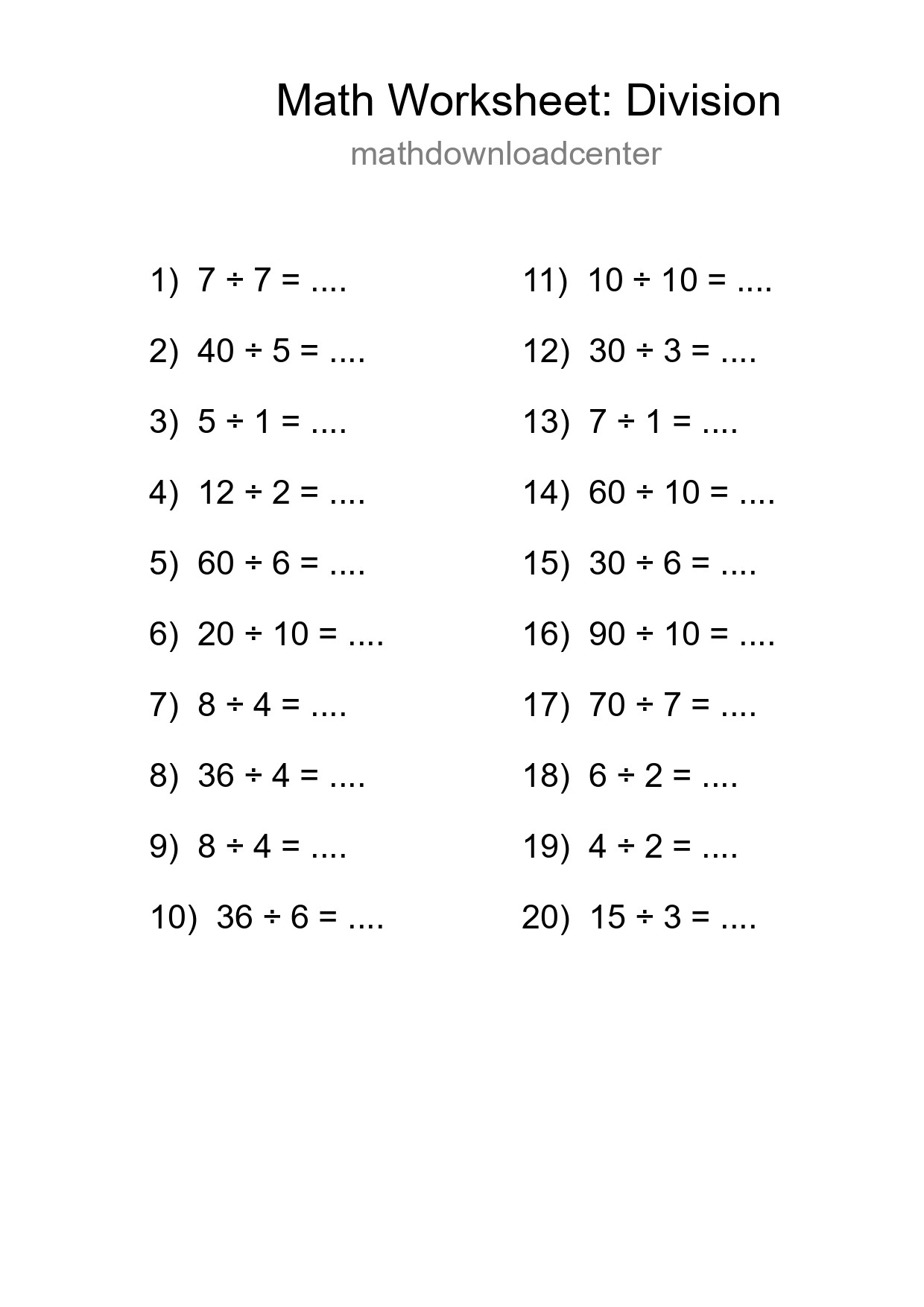 Free 20 Division Math Worksheet For Grade 1 - Part 202