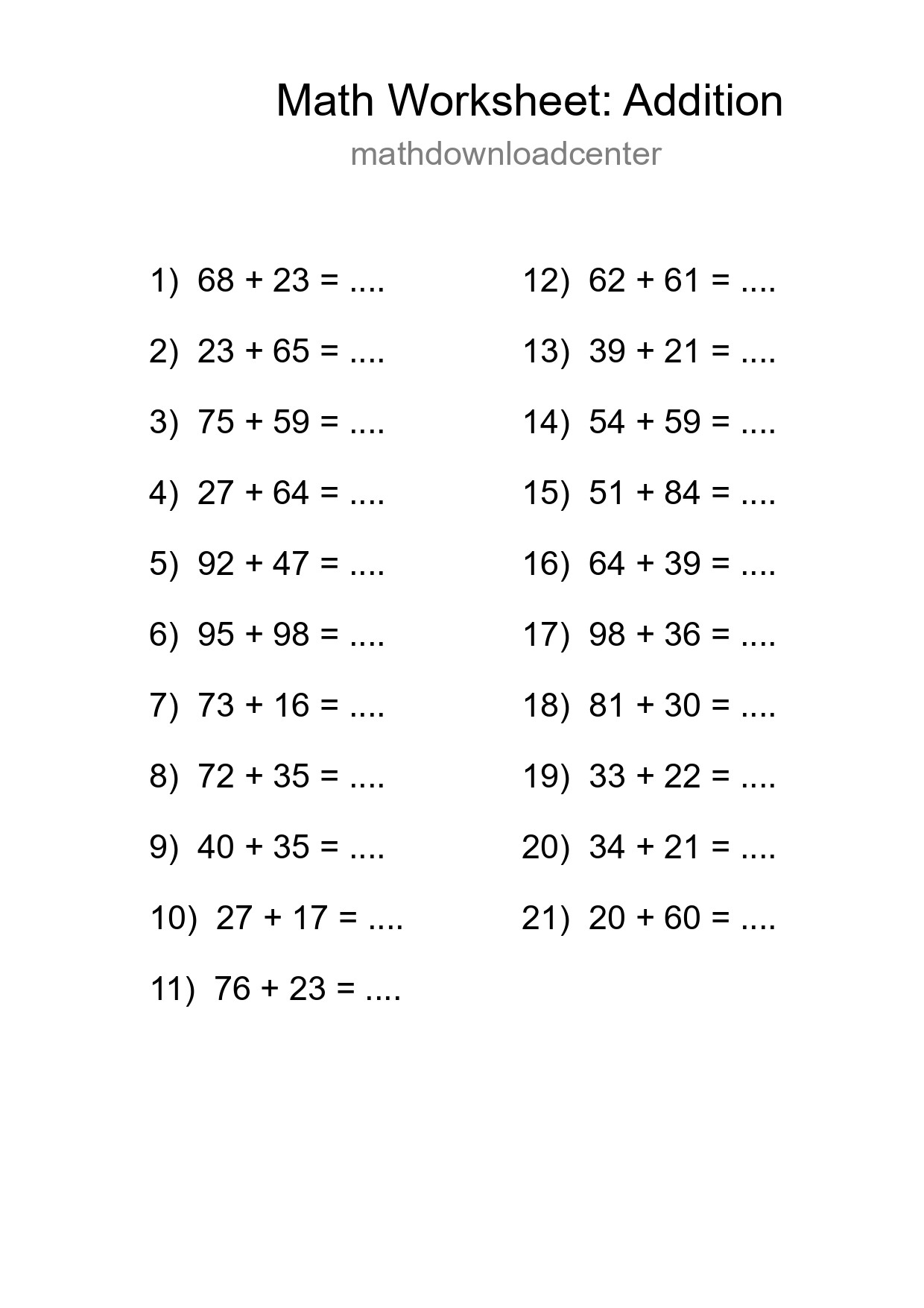 Free 21 Addition Math Worksheet For Grade 3