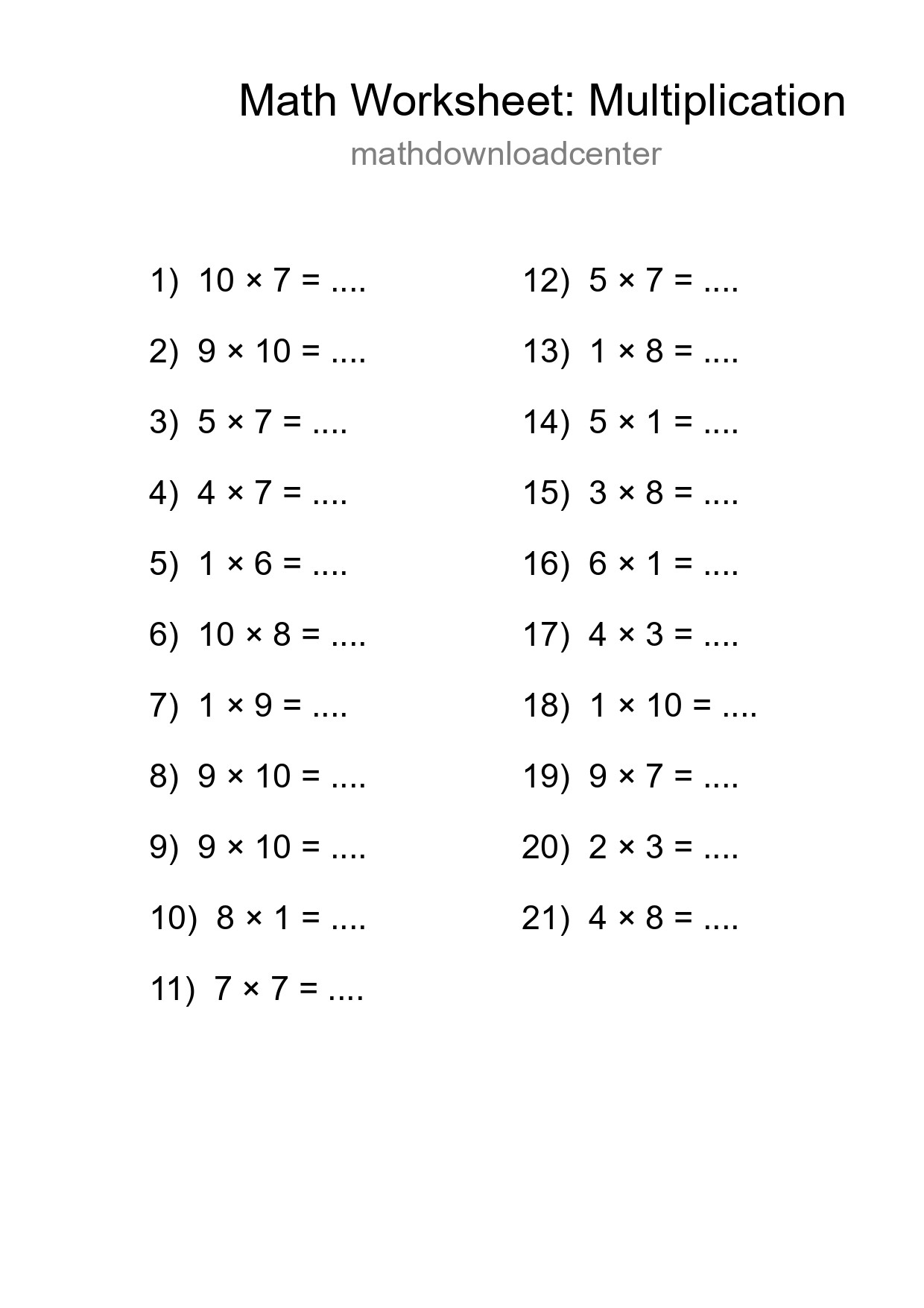 Free 21 Multiplication Math Worksheet For Grade 1 With Answers - Part 260