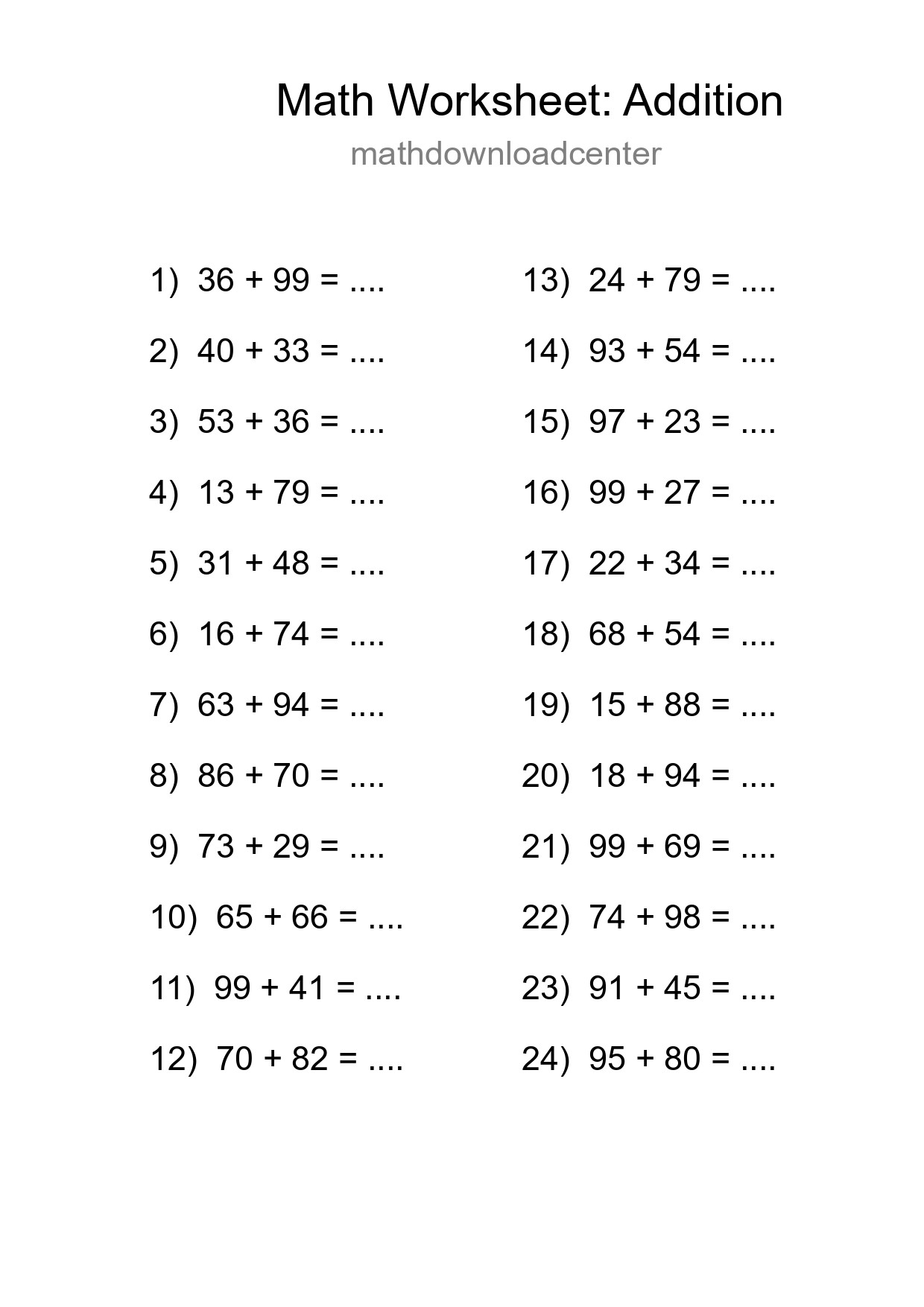 Free 24 Addition Math Worksheet For Grade 3 With Answers - Part 111