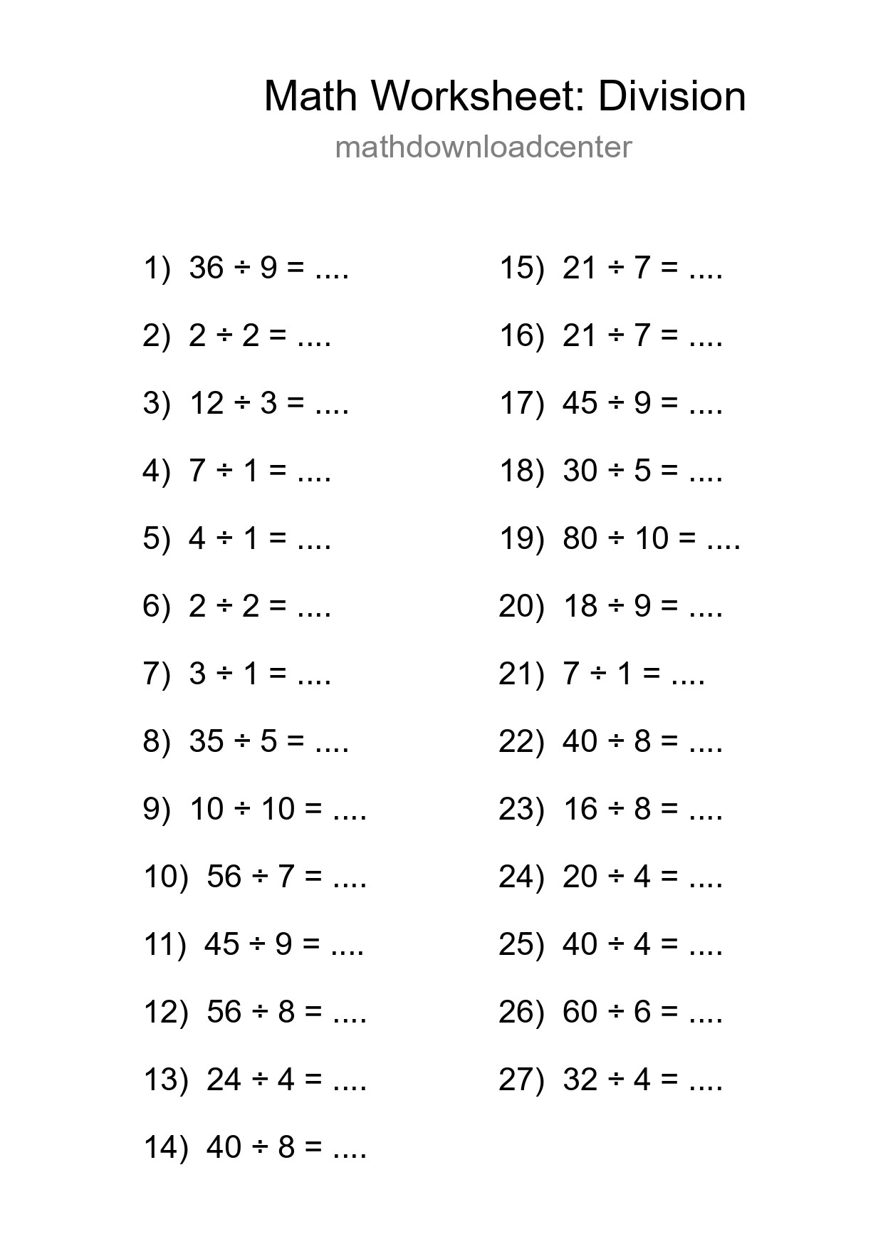 Free 27 Division Math Worksheet For Grade 1 With Answers - Part 70