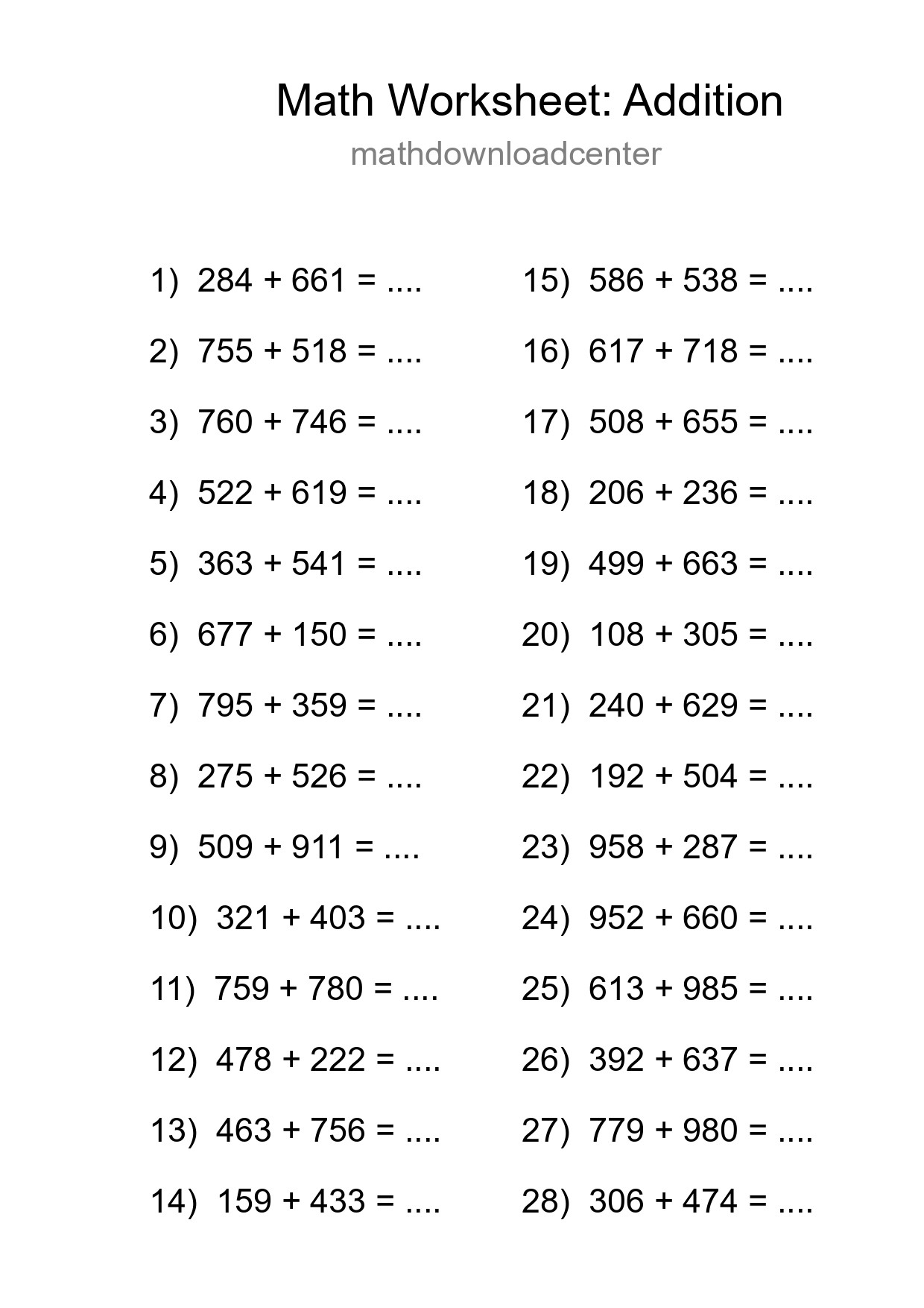 Free 28 Addition Math Worksheet For Grade 5 - Part 298