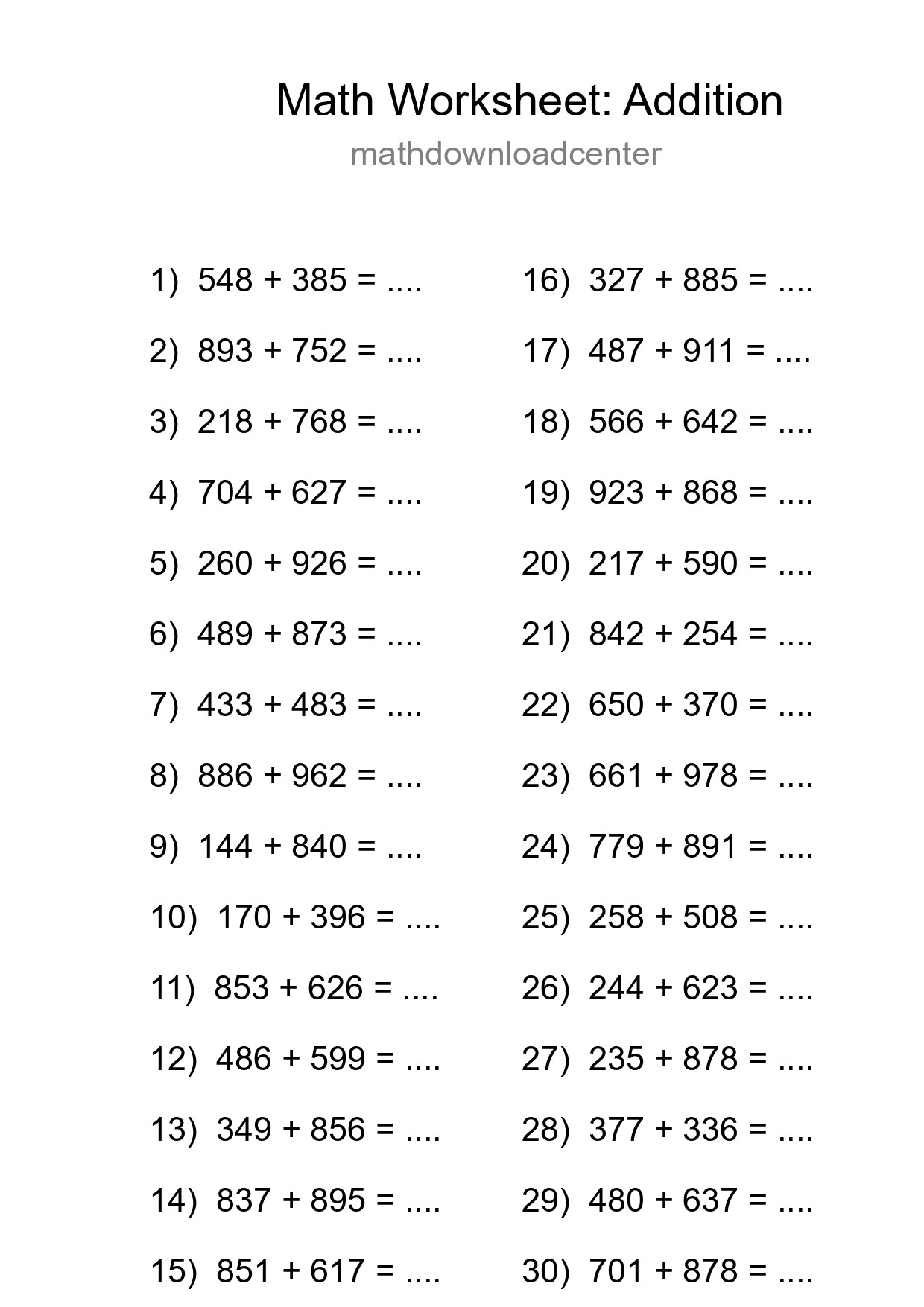 Free 30 Addition Math Worksheet For Grade 5 - Part 243