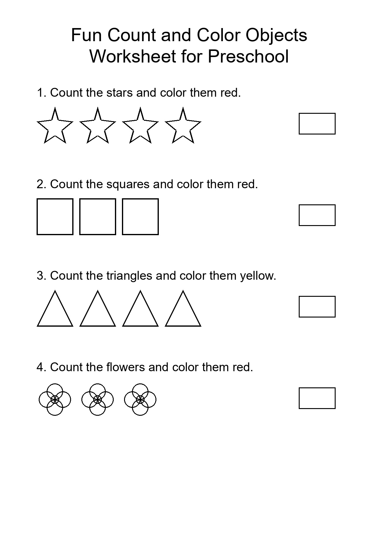 Fun Count and Color Objects Worksheet for Preschool