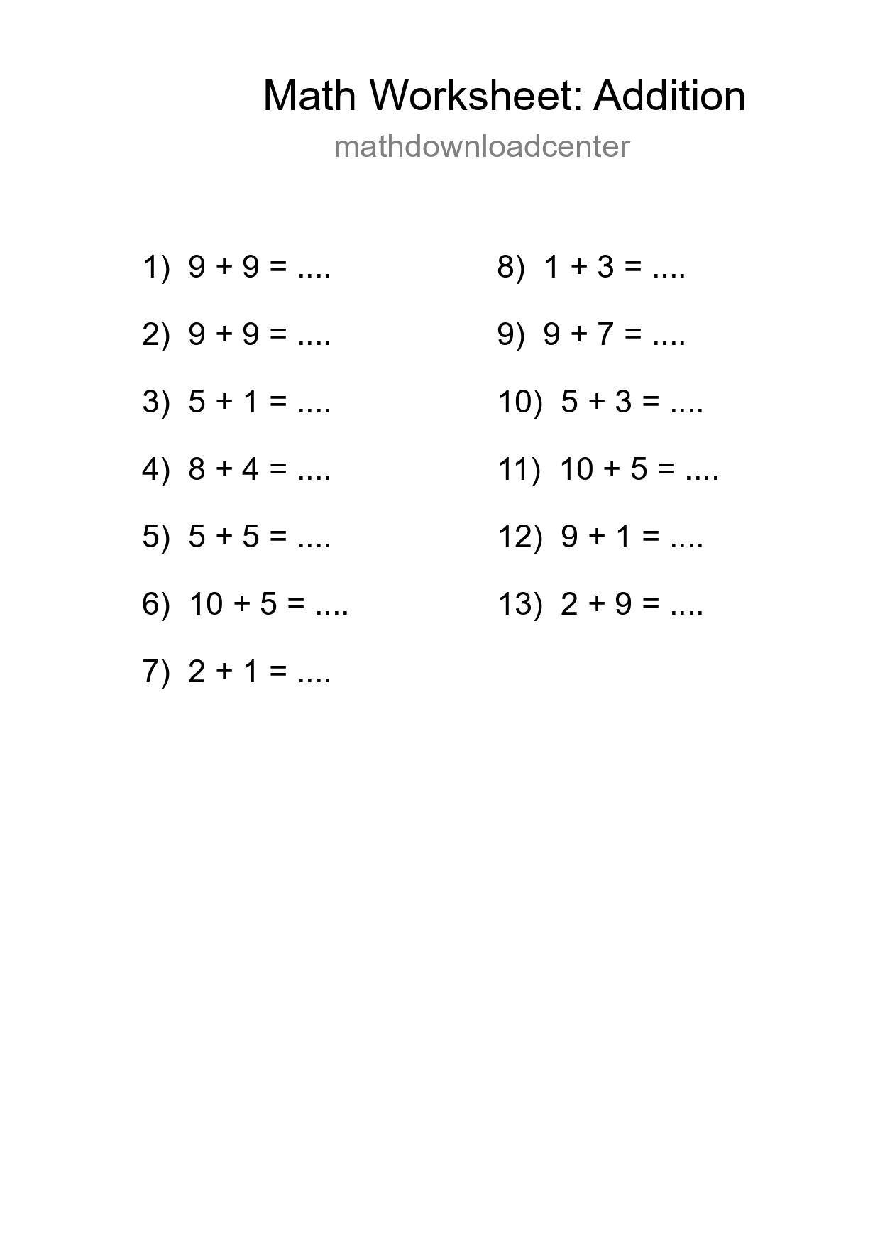 Grade 1 Addition Practice Worksheet (13 Problems) - Part 144