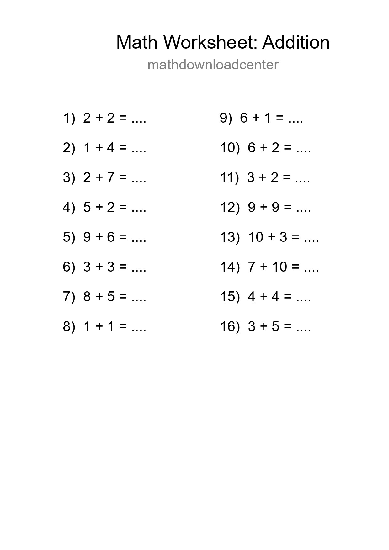 Grade 1 Addition Practice Worksheet (16 Problems) - Part 265