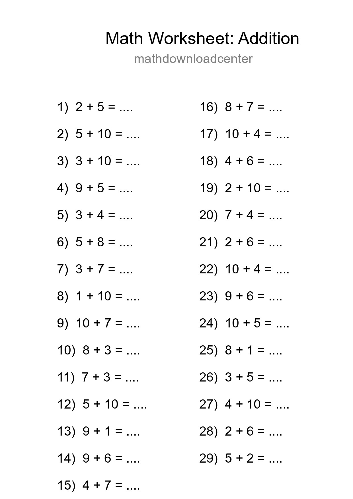 Grade 1 Addition Practice Worksheet (29 Problems) - Part 232