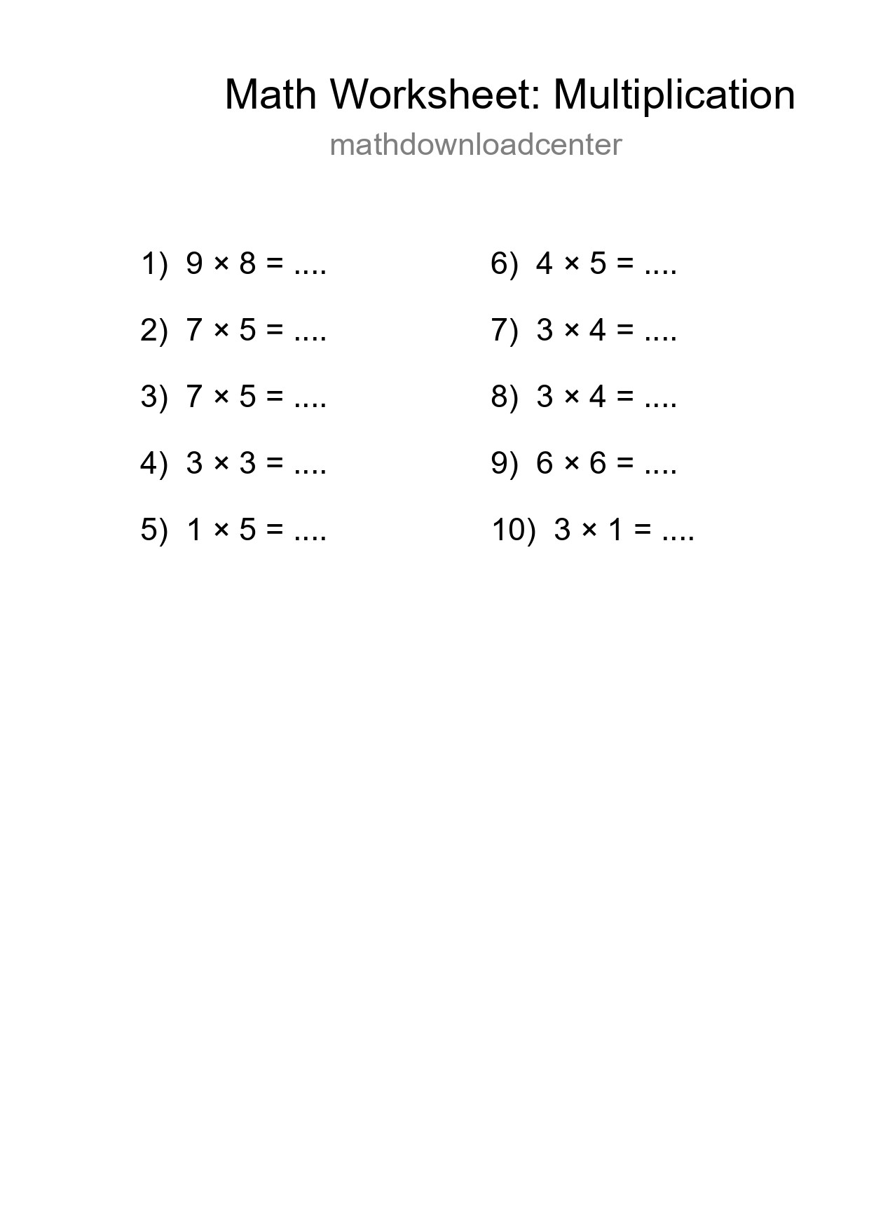 Grade 1 Multiplication Practice Worksheet (10 Problems) - Part 172