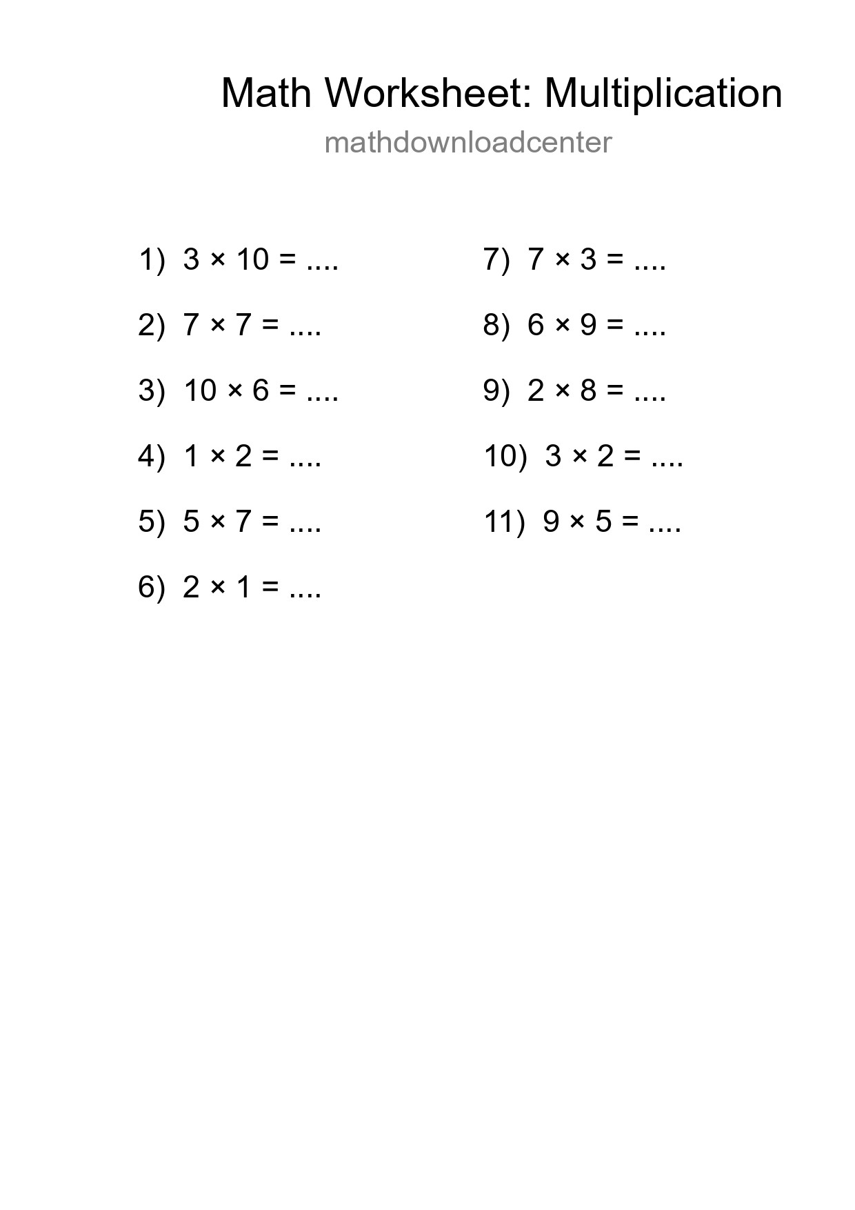Grade 1 Multiplication Practice Worksheet (11 Problems) - Part 84