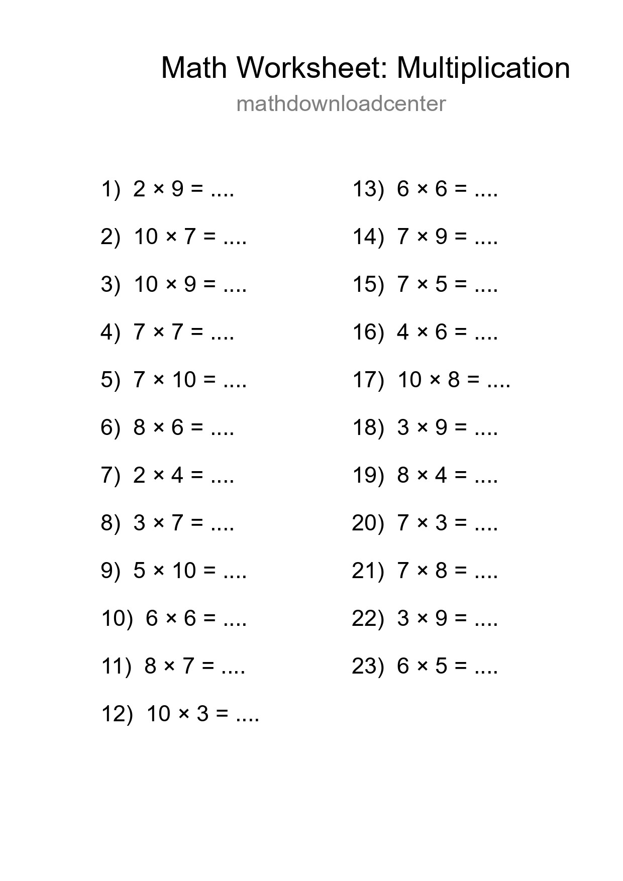 Grade 1 Multiplication Practice Worksheet (23 Problems) - Part 73
