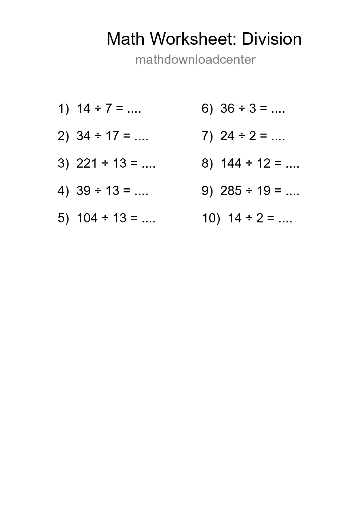 Grade 2 Division Practice Worksheet (10 Problems) - Part 114