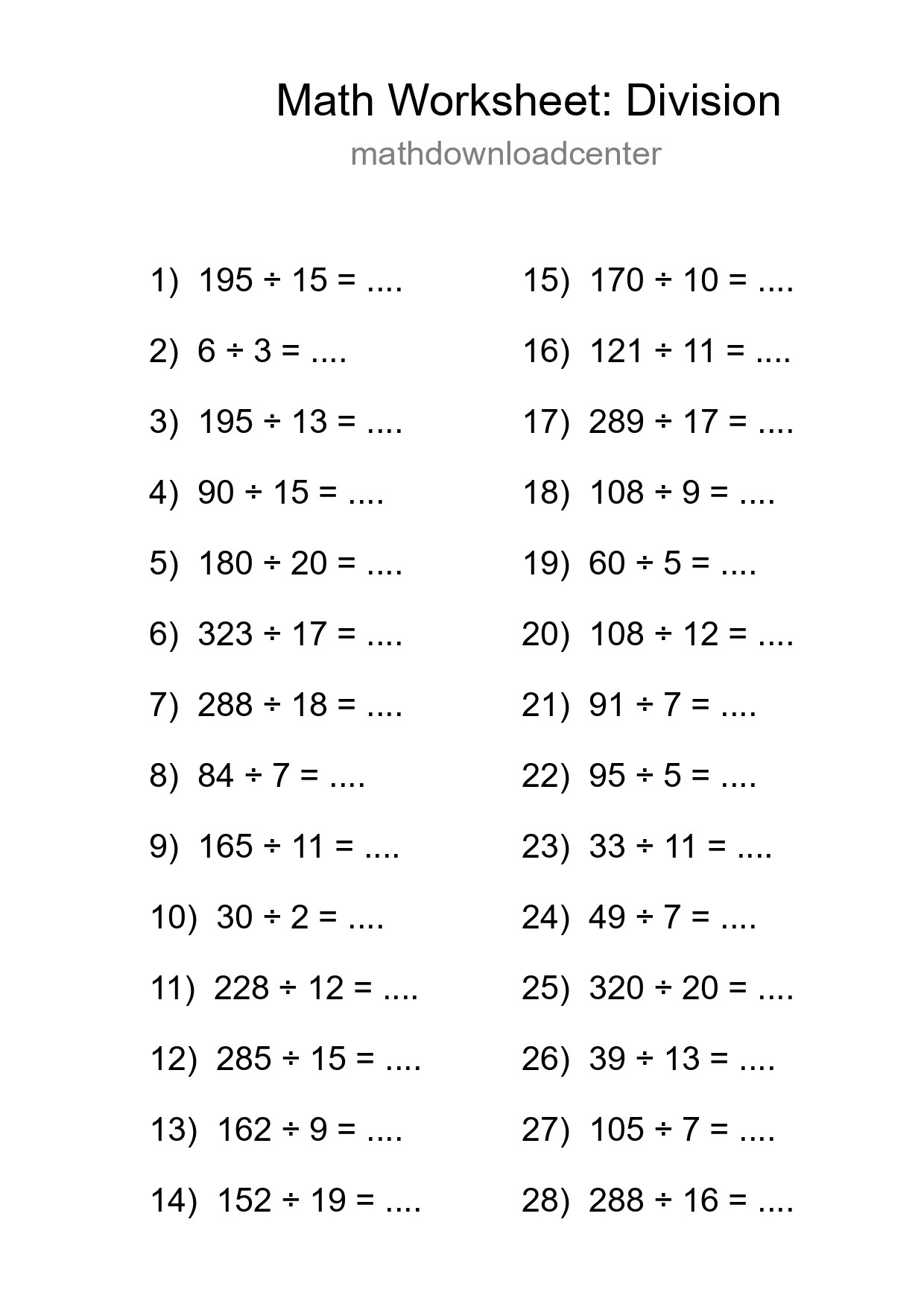 Grade 2 Division Practice Worksheet (28 Problems) - Part 125