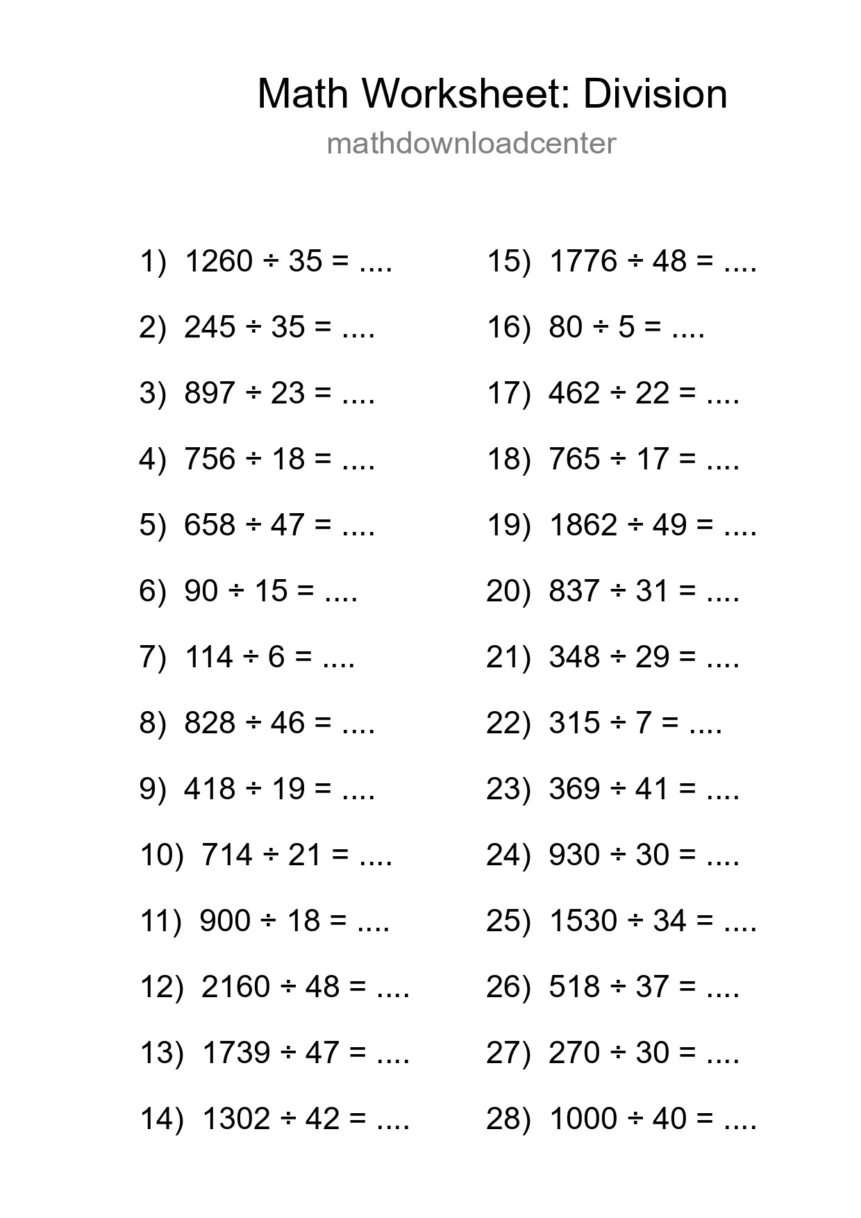 Grade 2 Division Practice Worksheet (28 Problems) - Part 59