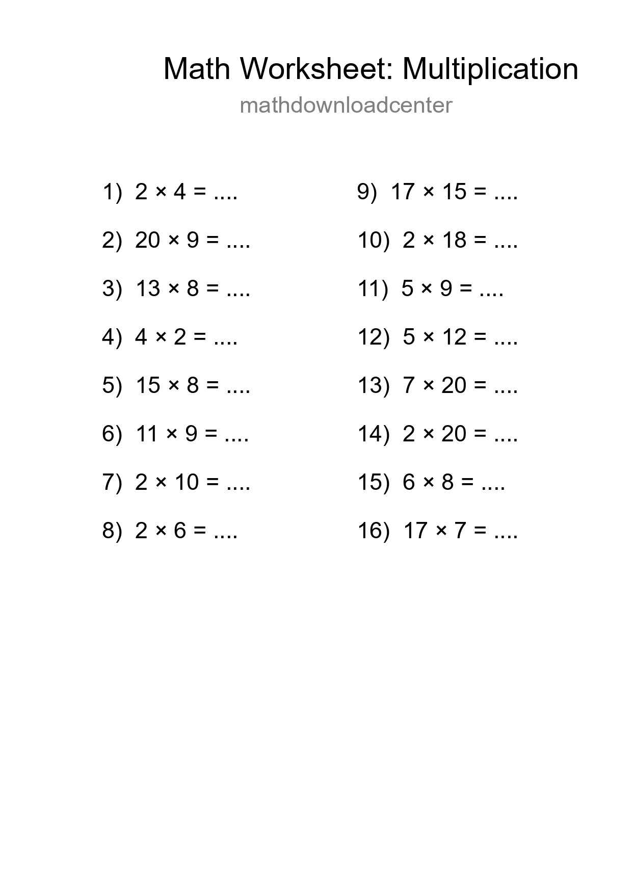 Grade 2 Multiplication Practice Worksheet (16 Problems) - Part 205