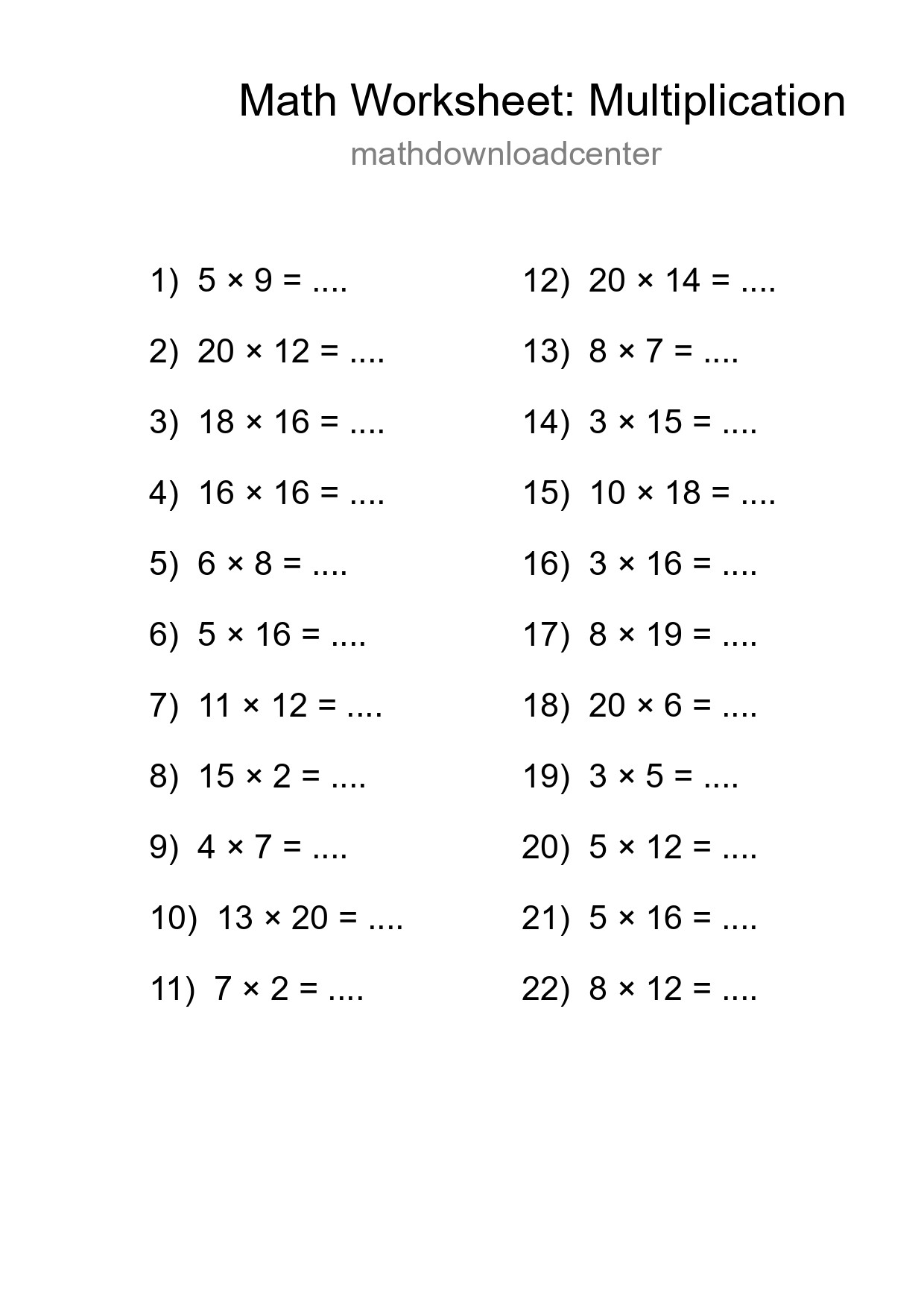 Grade 2 Multiplication Practice Worksheet (22 Problems) - Part 95