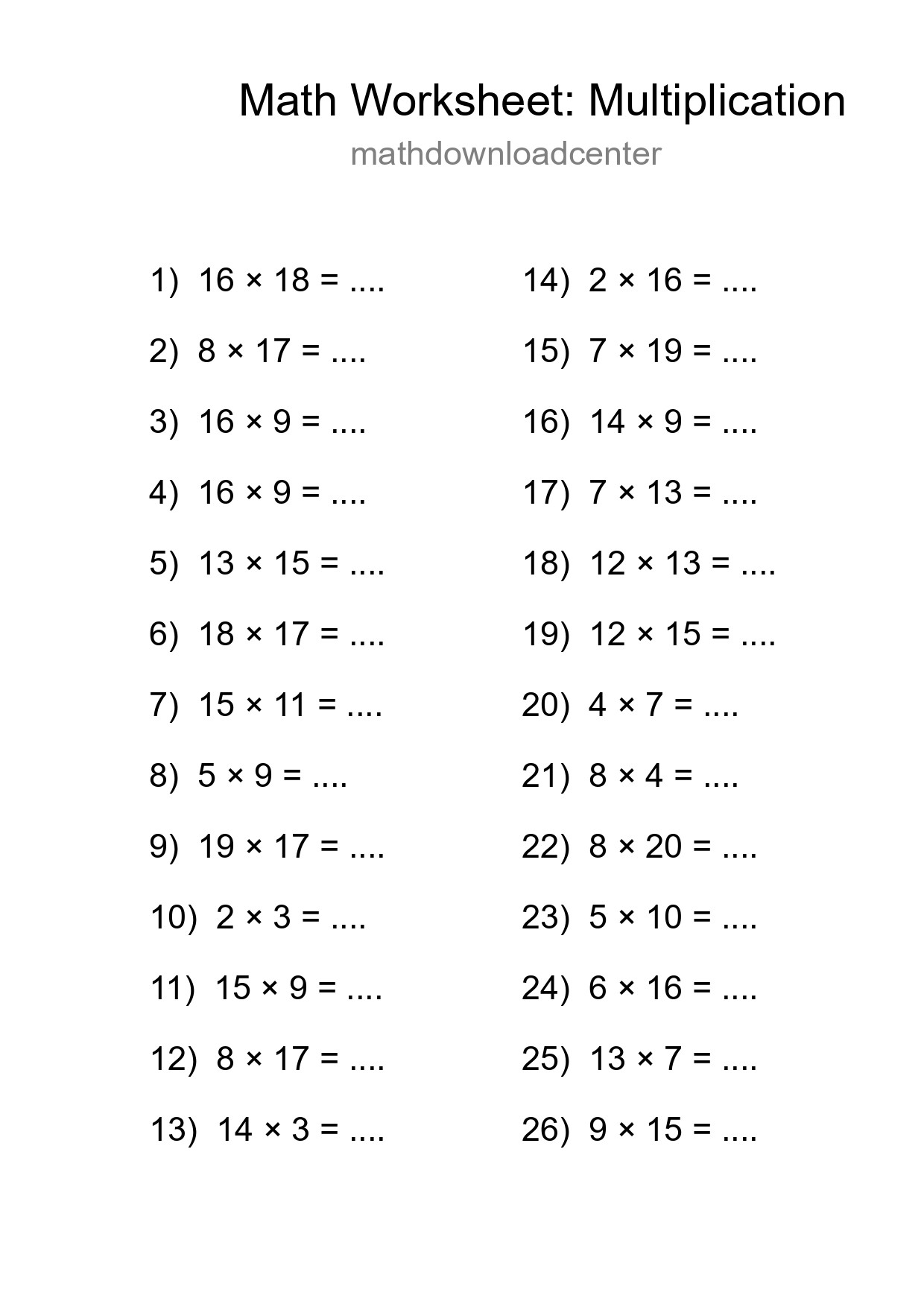 Grade 2 Multiplication Practice Worksheet (26 Problems) - Part 161