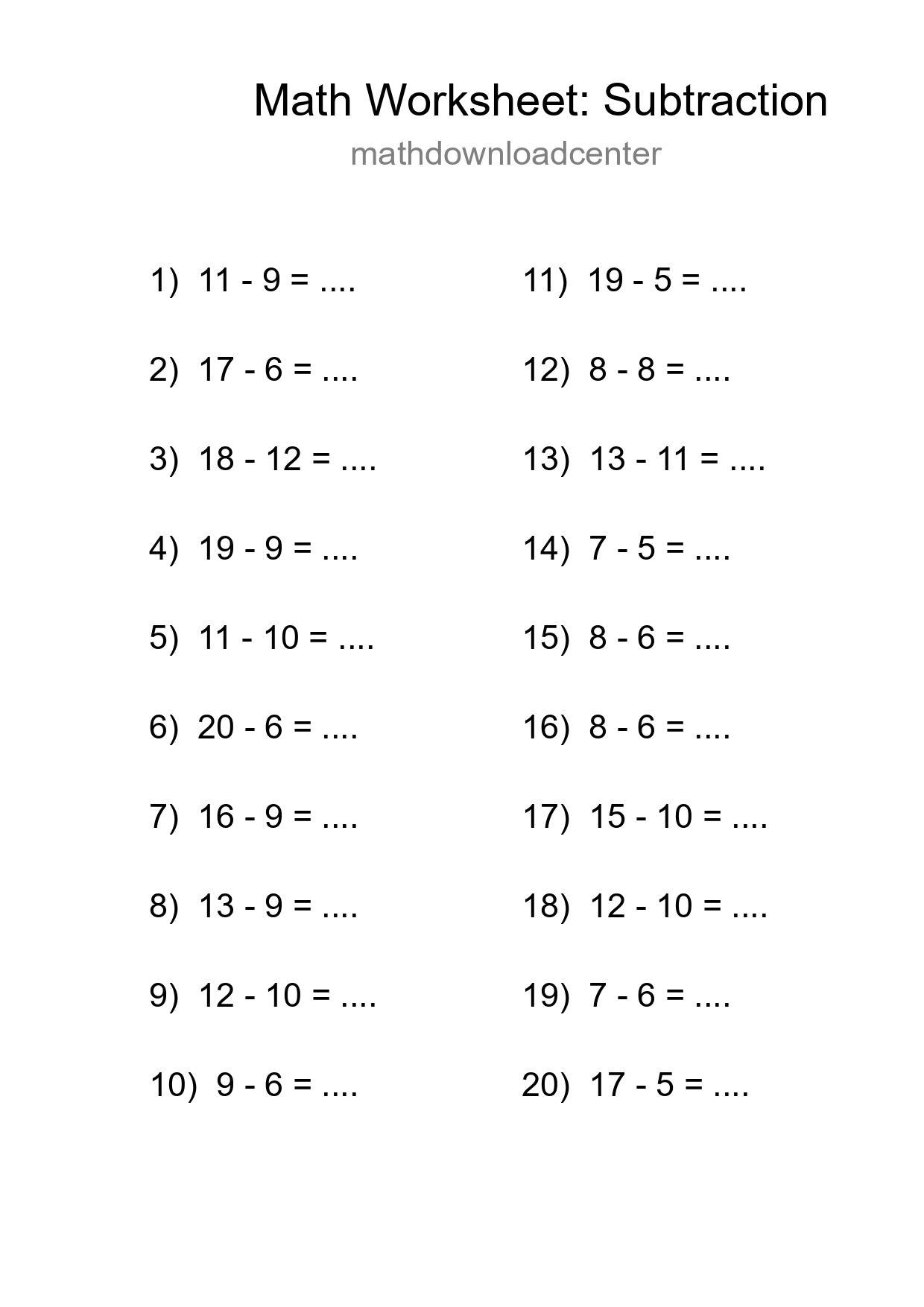 Grade 2 Subtraction Practice Worksheet (20 Problems) - Part 41