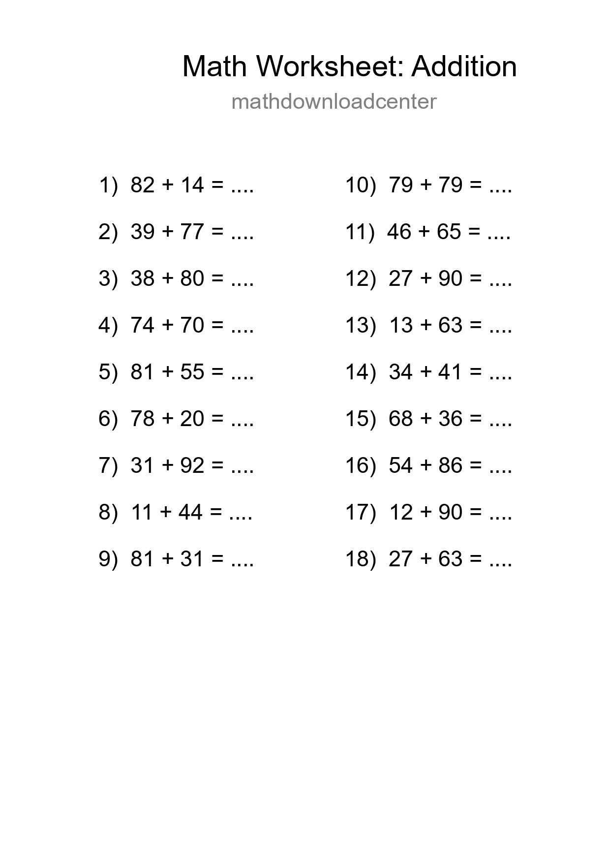 Grade 3 Addition Practice Worksheet (18 Problems) - Part 45