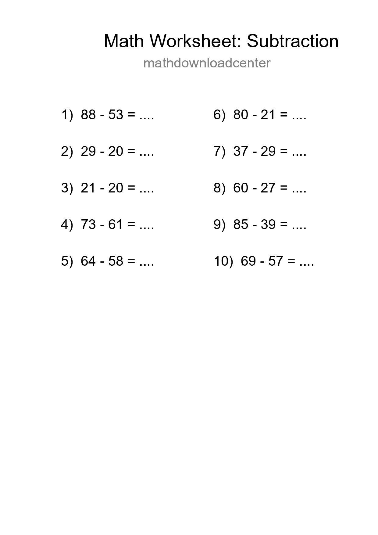Grade 3 Subtraction Practice Worksheet (10 Problems) - Part 184
