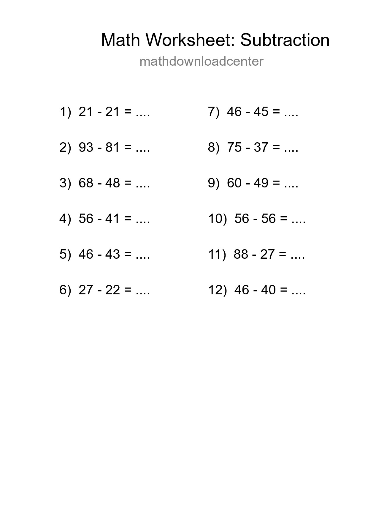 Grade 3 Subtraction Practice Worksheet (12 Problems) - Part 206