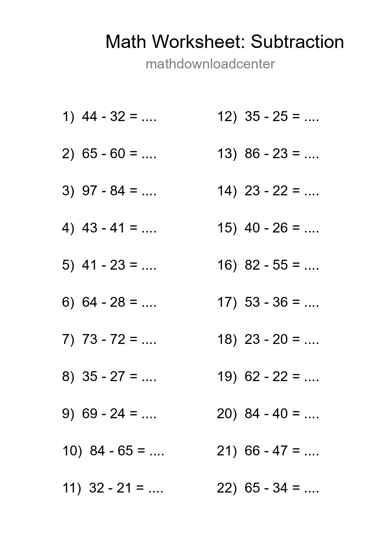 Grade 3 Subtraction Practice Worksheet (22 Problems) - Part 217