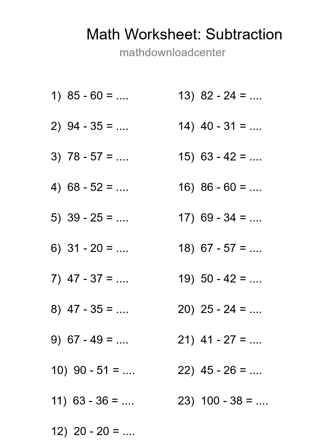 Grade 3 Subtraction Practice Worksheet (23 Problems) - Part 239
