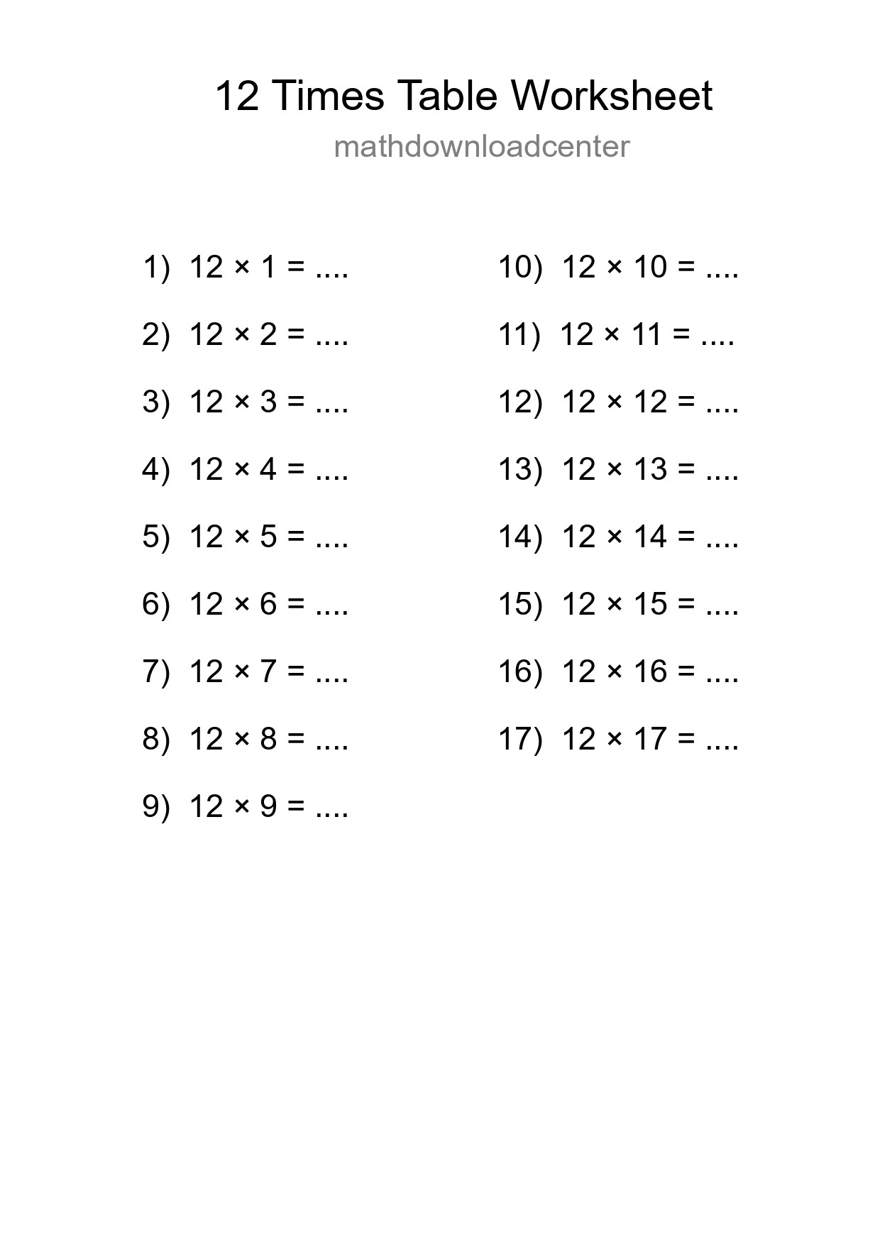 Grade 4 Multiplication Table 12 Practice - Part 9