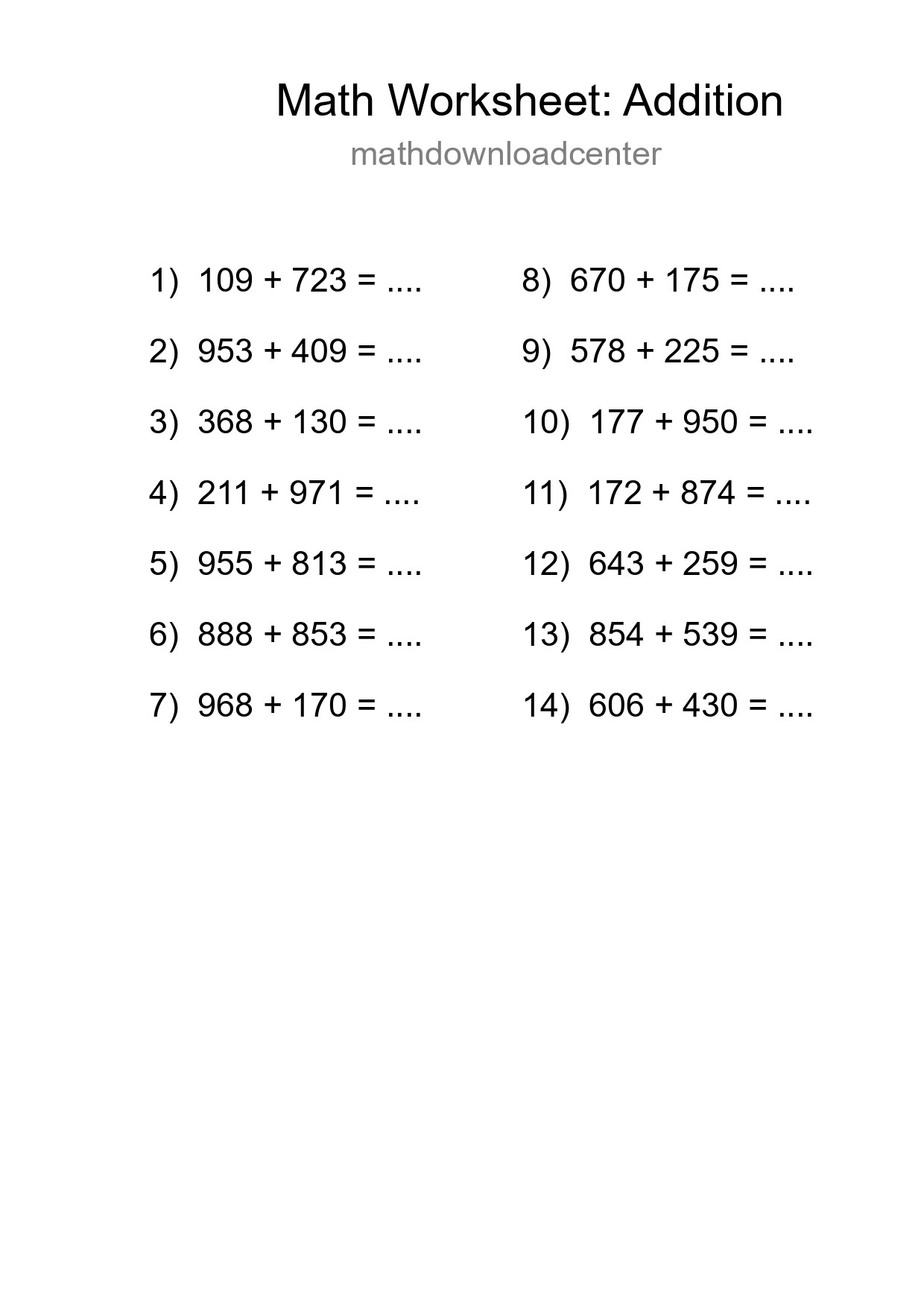 Grade 5 Addition Practice Worksheet (14 Problems) - Part 177