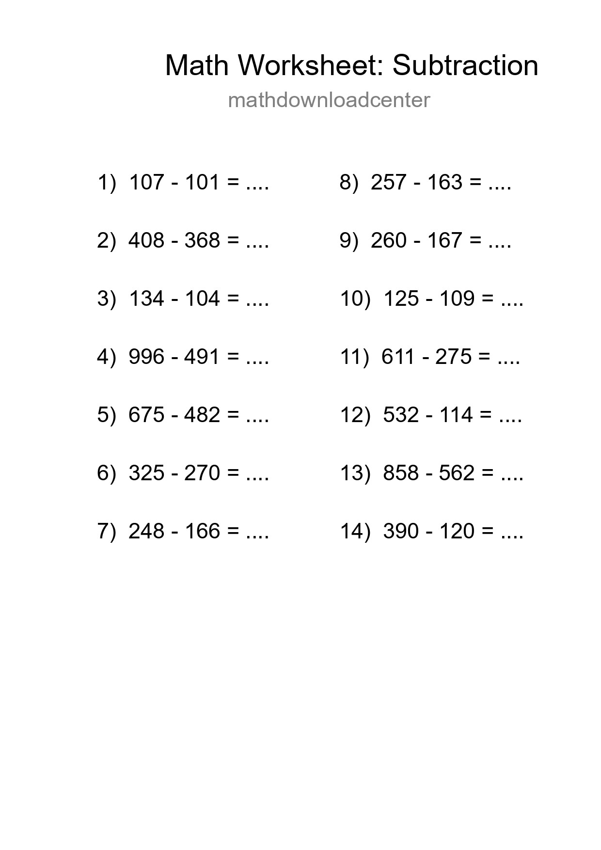 Grade 5 Subtraction Practice Worksheet (14 Problems) - Part 283