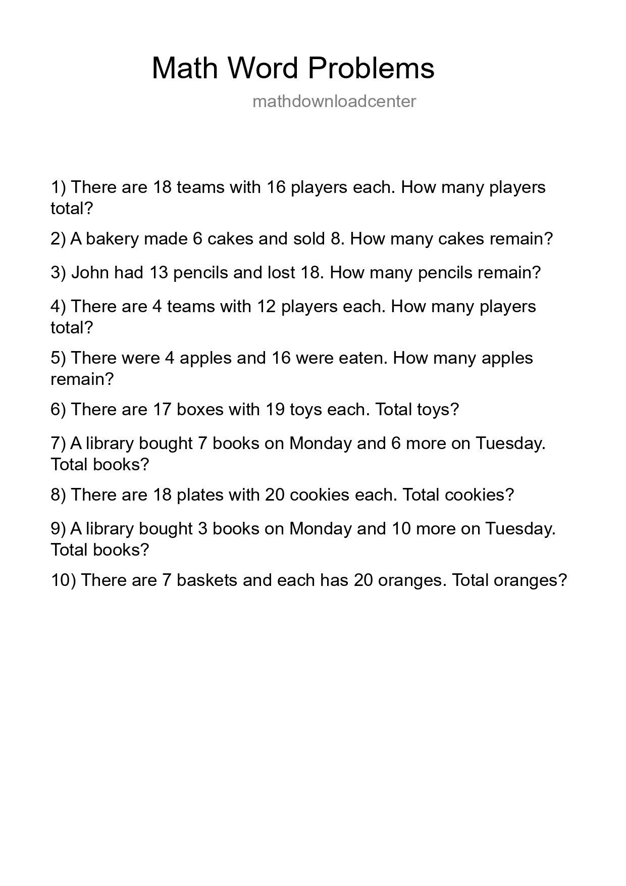 Math Word Problem Worksheet