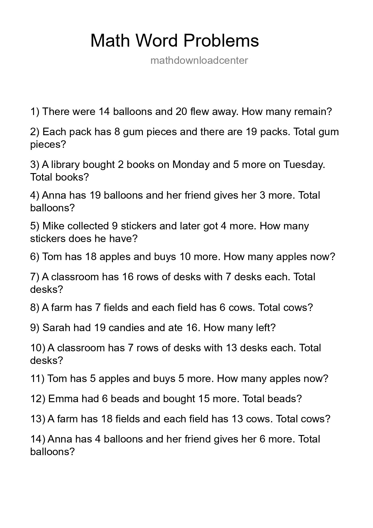 Math Word Problem Worksheet