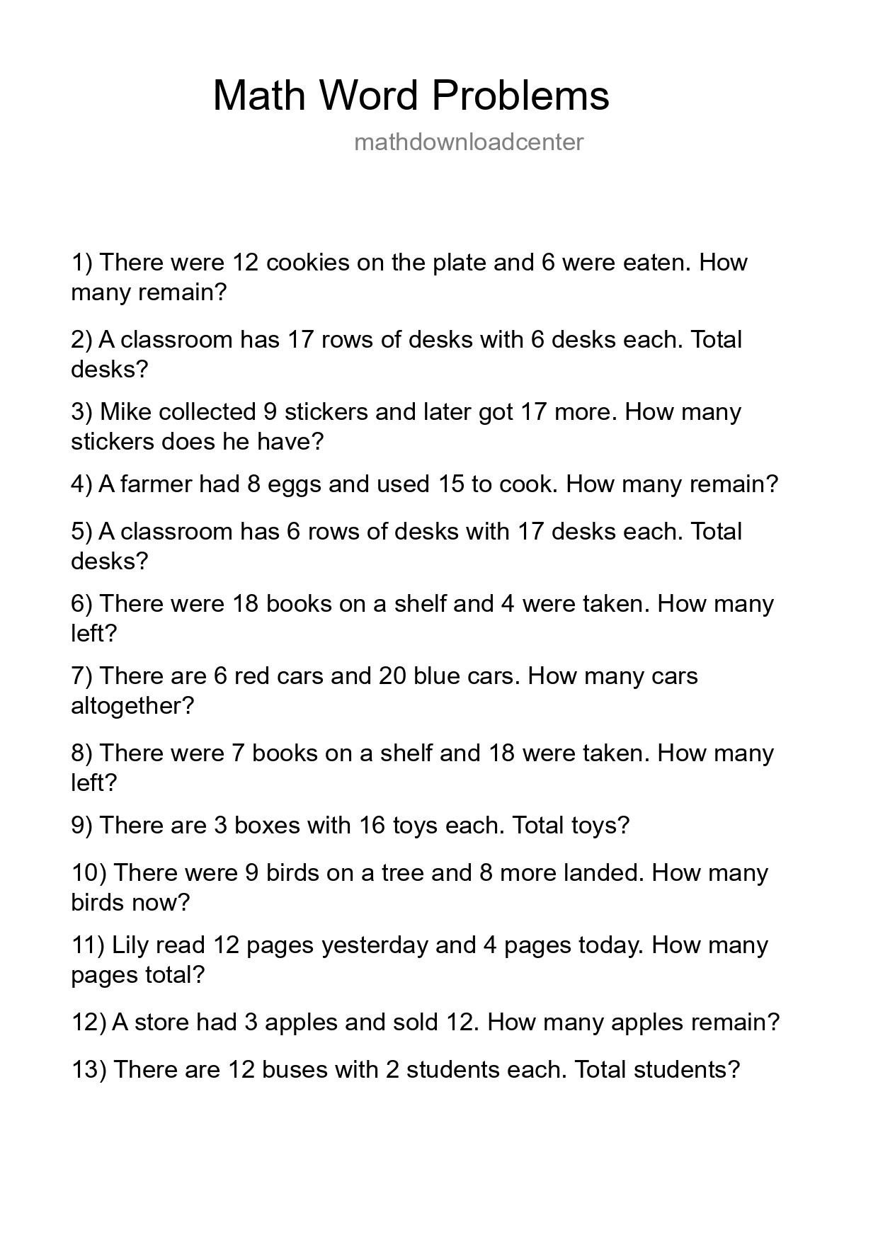 Math Word Problem Worksheet