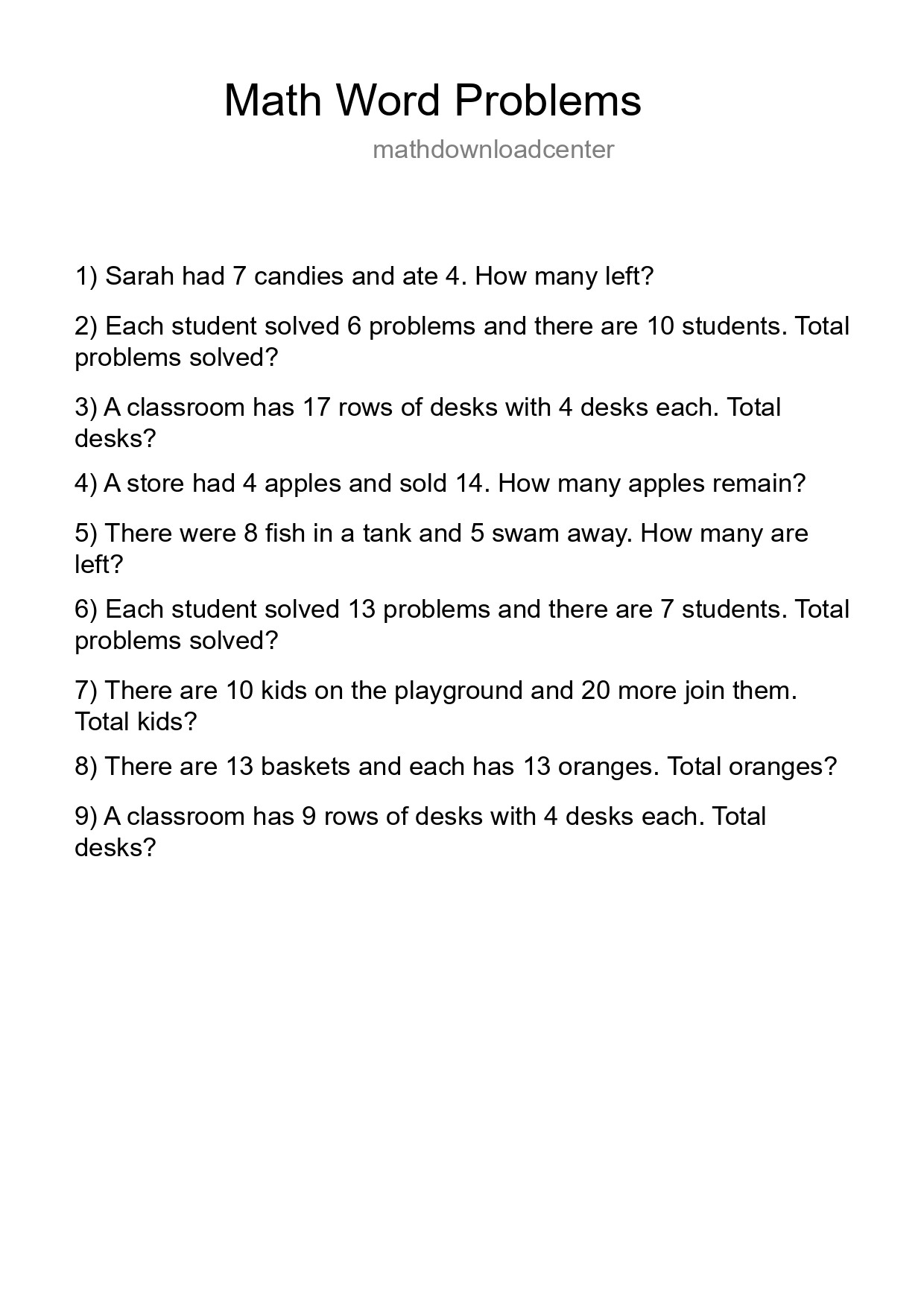 Math Word Problem Worksheet
