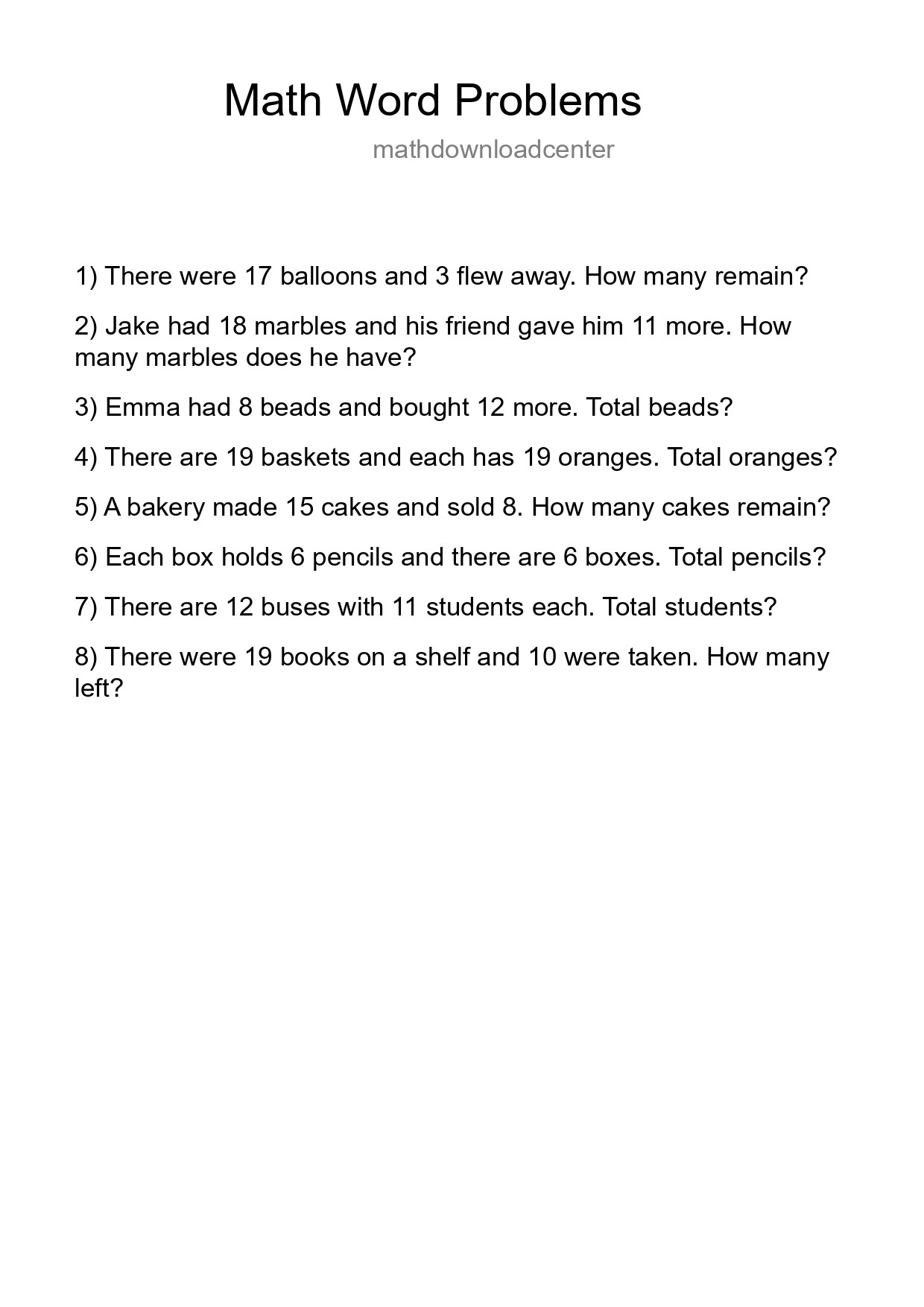 Math Word Problem Worksheet