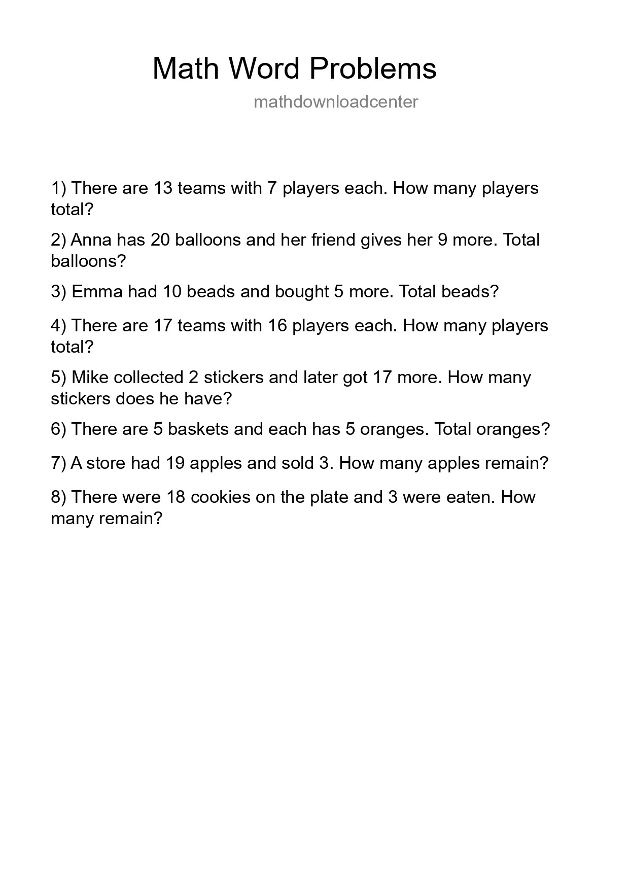 Math Word Problem Worksheet