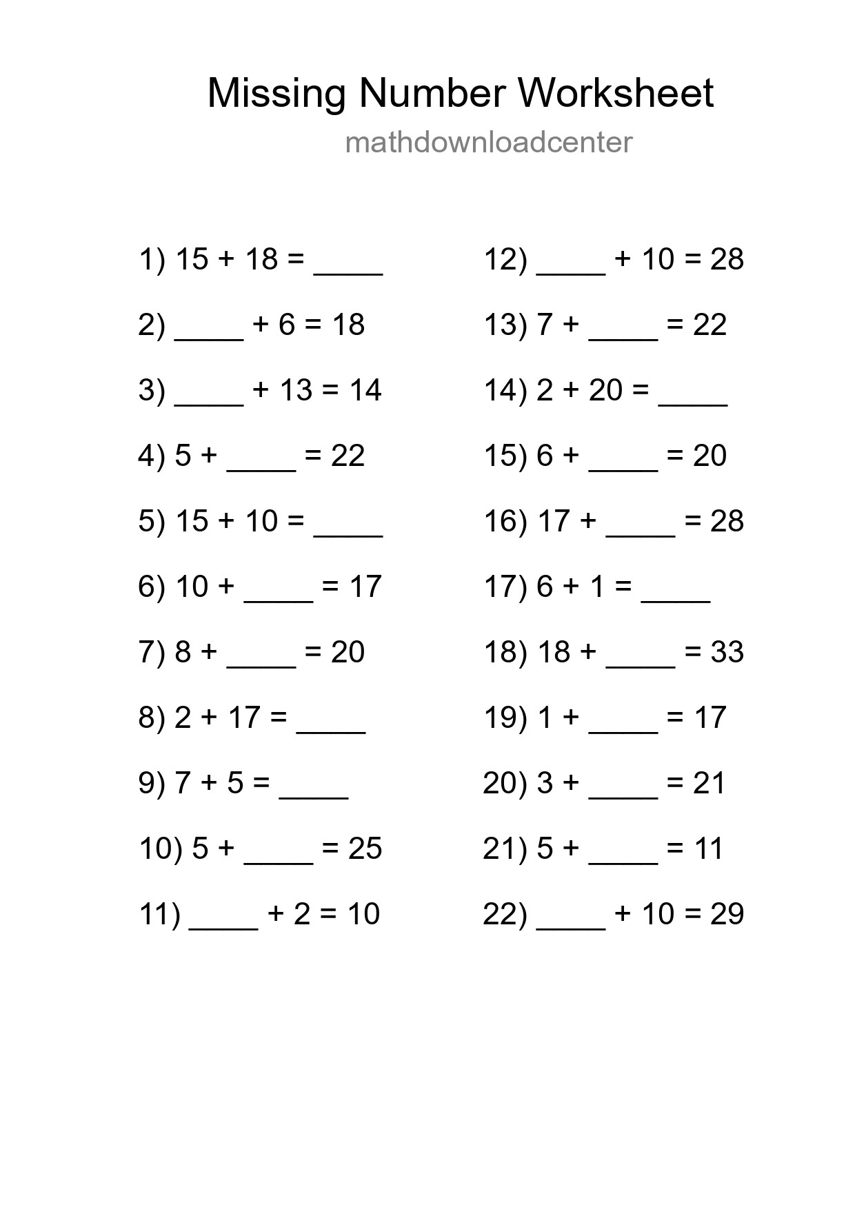 Missing Number Math Worksheet