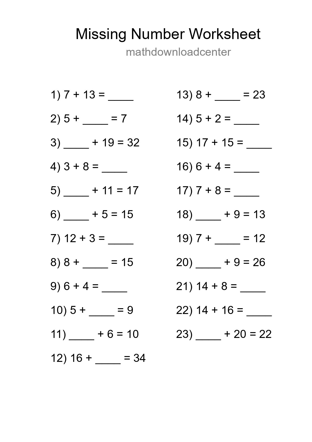 Missing Number Math Worksheet